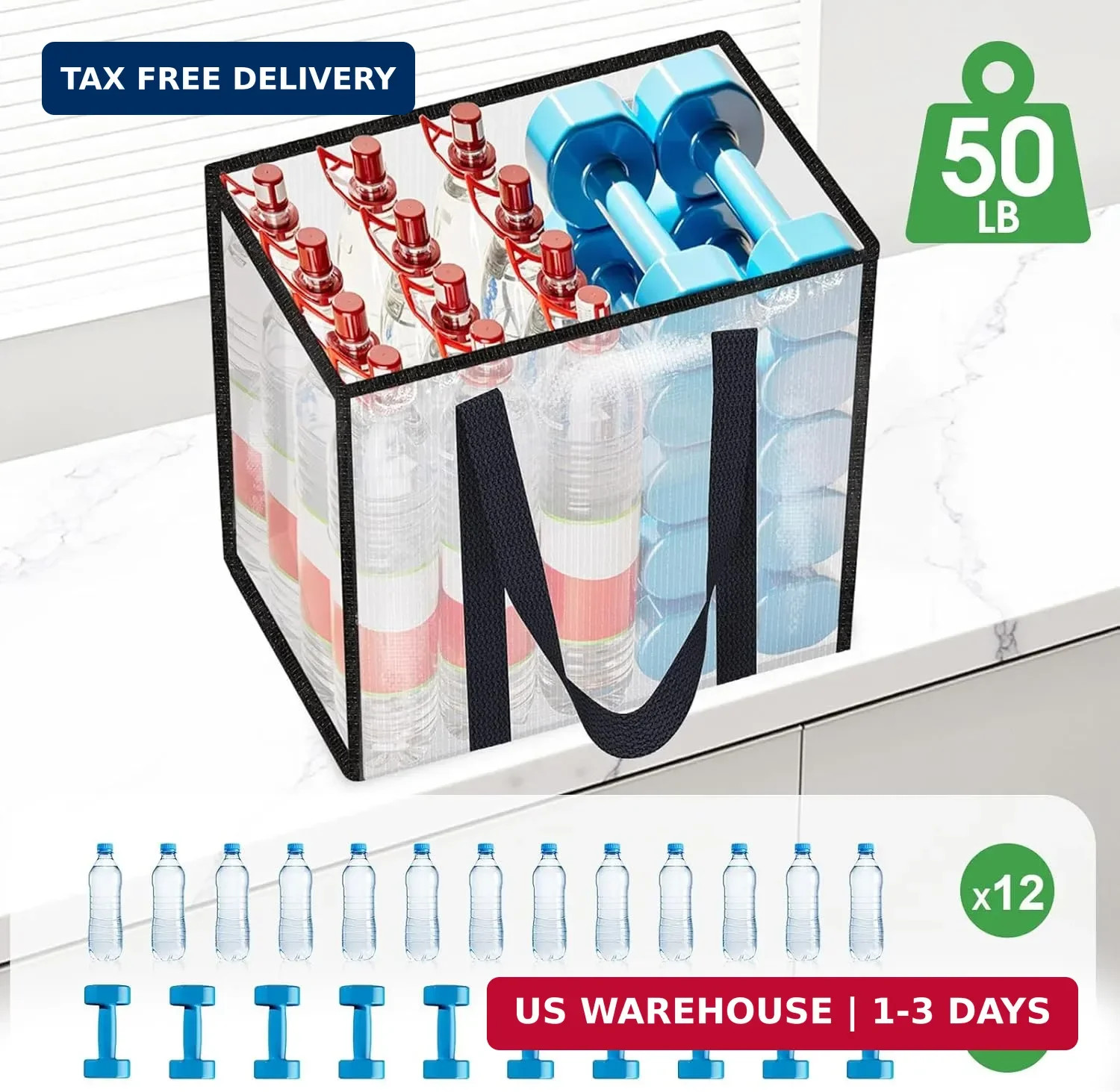 4 Pack Reusable Grocery Bags, Heavy-Duty Shopping Bags with Sturdy Handles, Wate