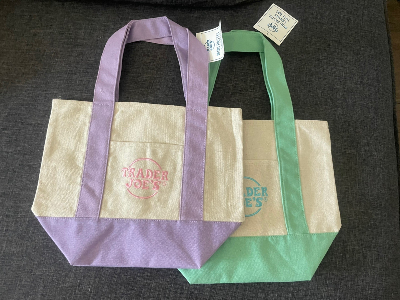 Trader Joe’s Mini Pastel Canvas Tote Bag Set Of 2 Purple+Green (New With Tag)!
