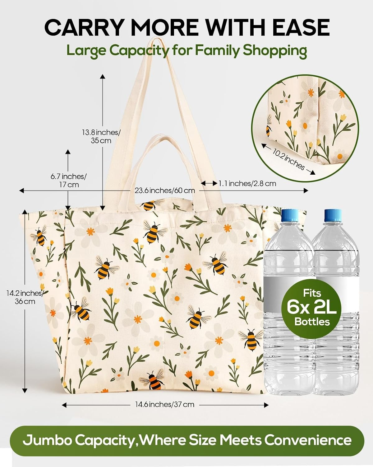 Extra Large Canvas Grocery Tote Bag Reusable Washable Shopping Shoulder Bag