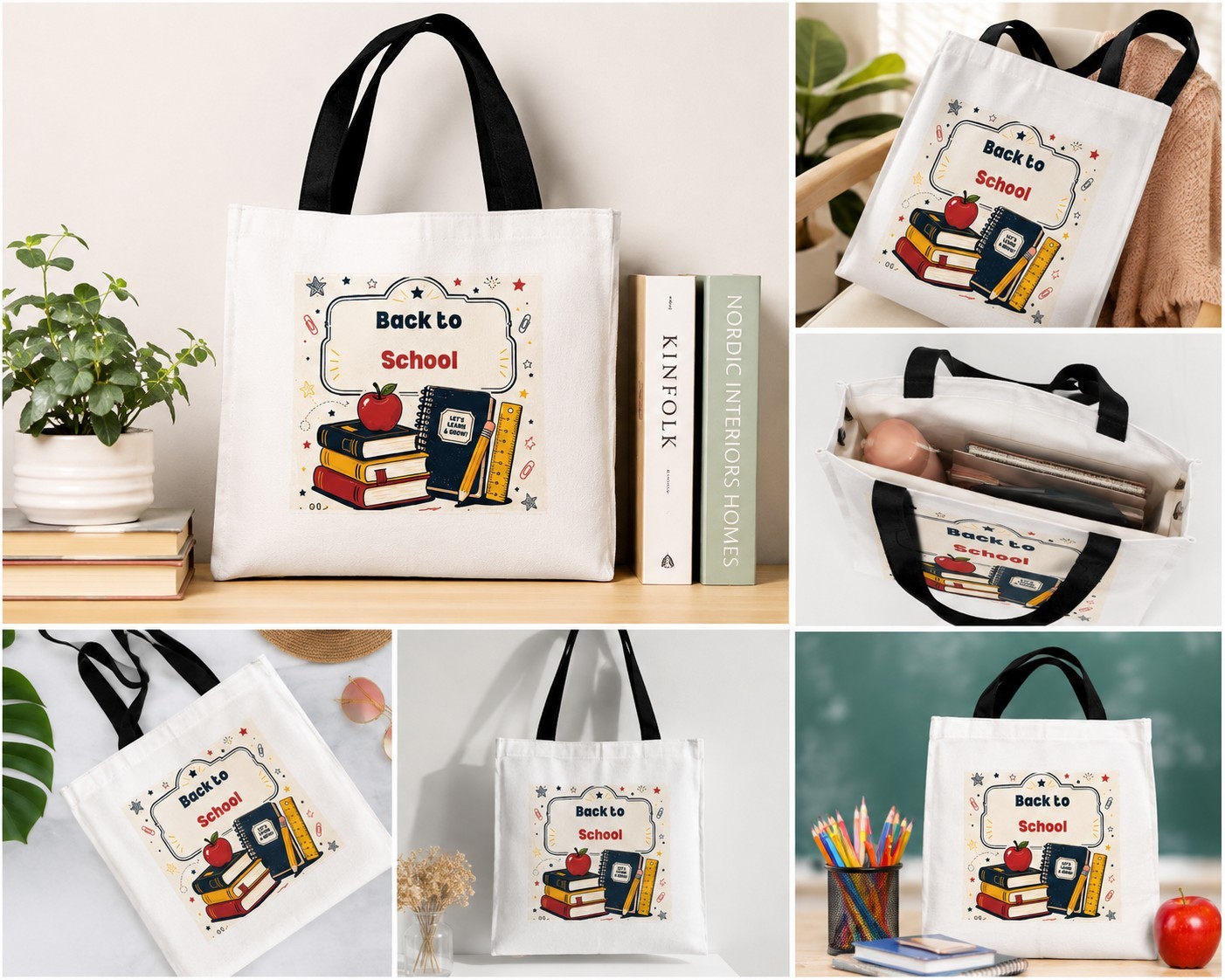 Reusable Large Tote Bag White/Black Handles Graphic Print 24 in 20cm