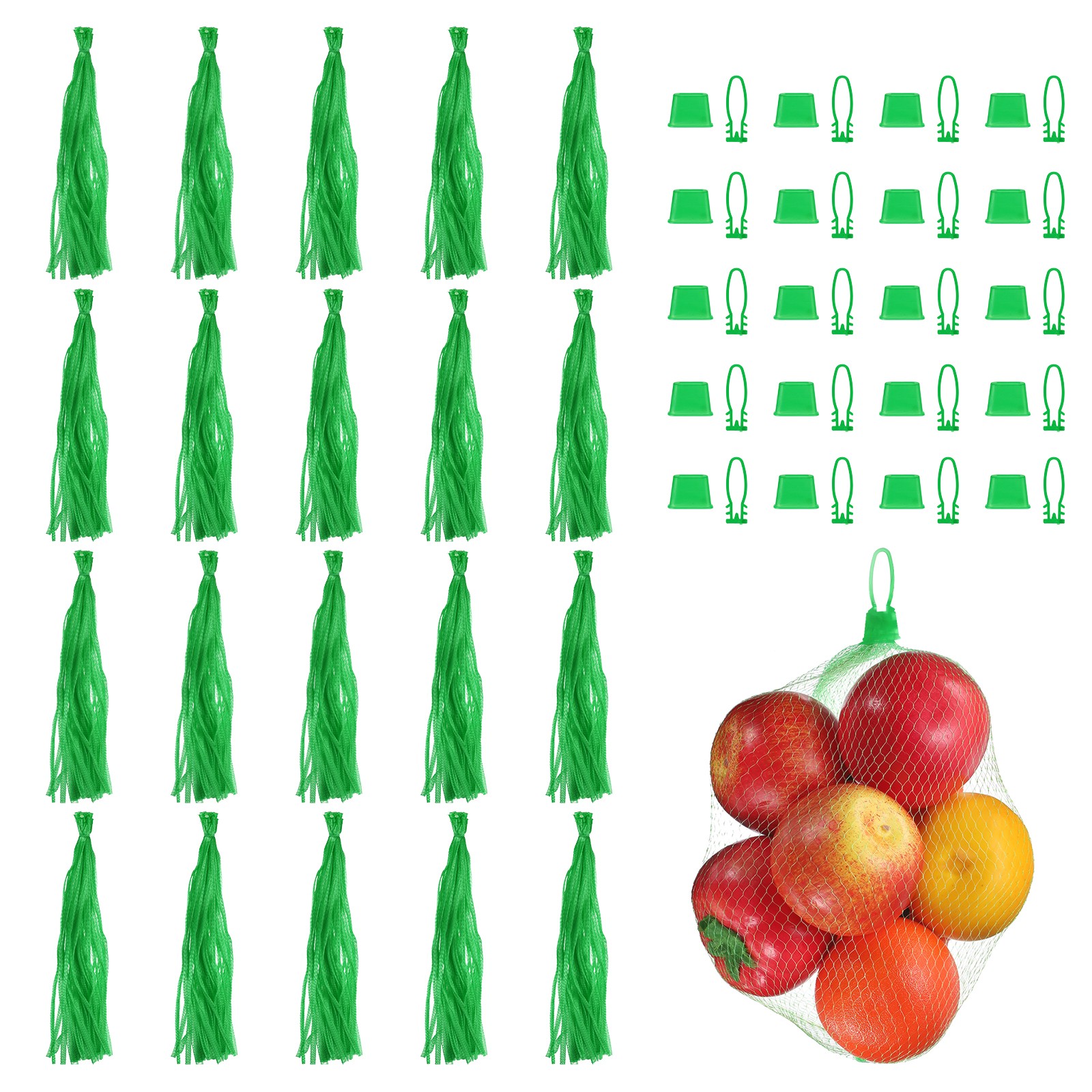 50pcs Mesh Reusable Produce Mesh Bags with Loop-Style Closures, 24 Inch Green