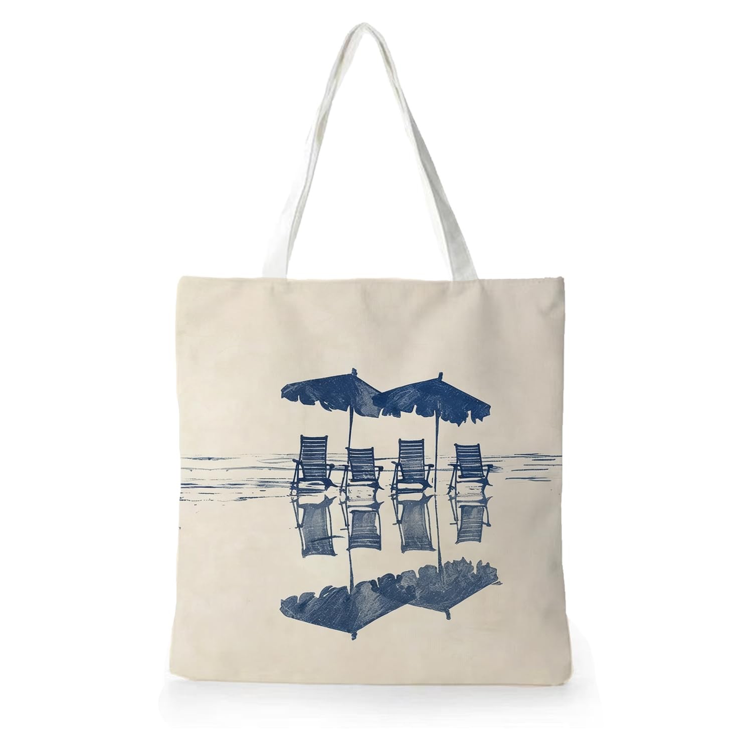 Navy Blue Coastal Beach Tote Bag, Retro Cottage Ocean Seaside Beachy Canvas T…