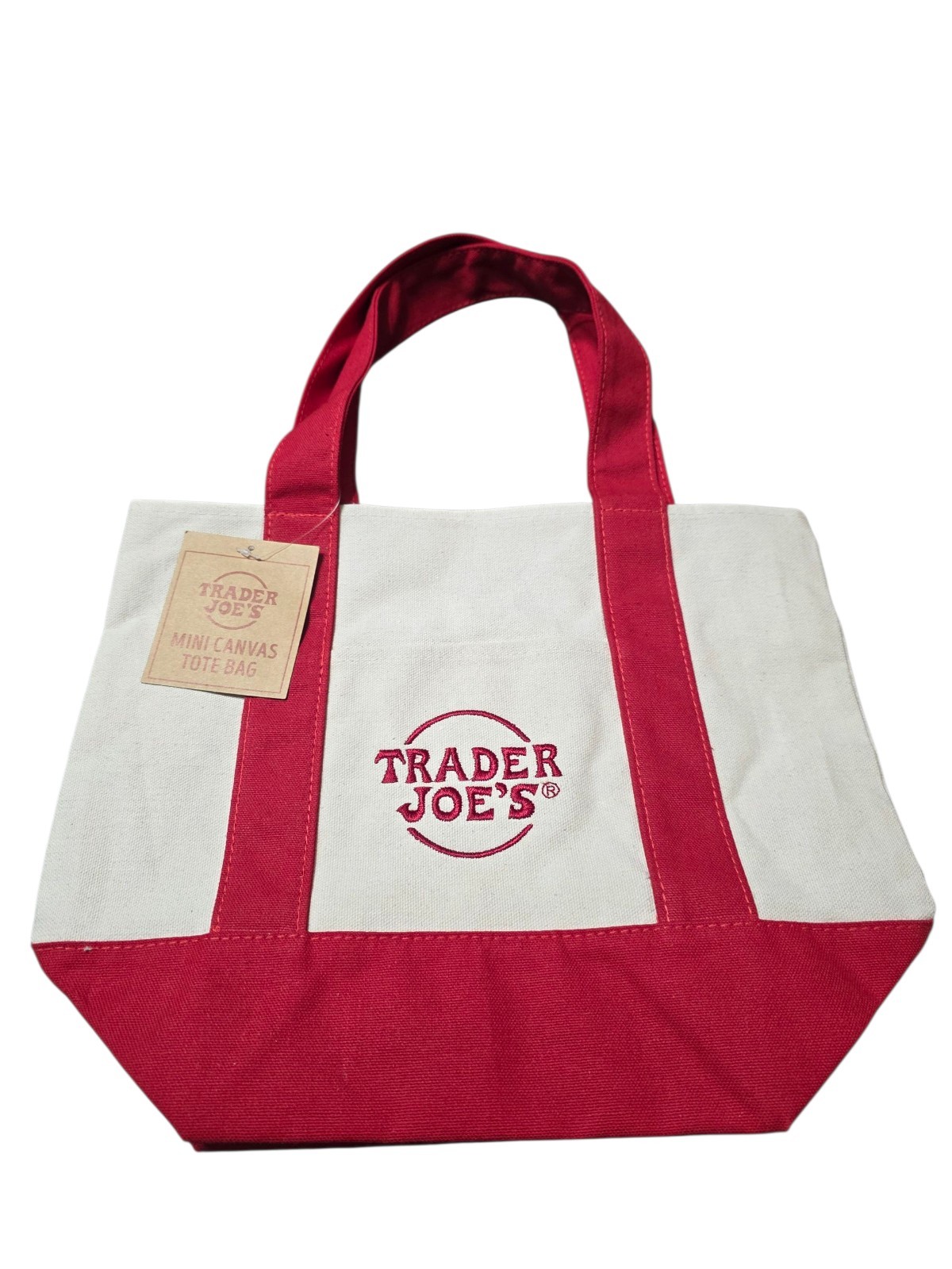 Trader Joe’s Mini Canvas Tote Bag Cream & Red Grocery Shopper Reusable New W/Tag