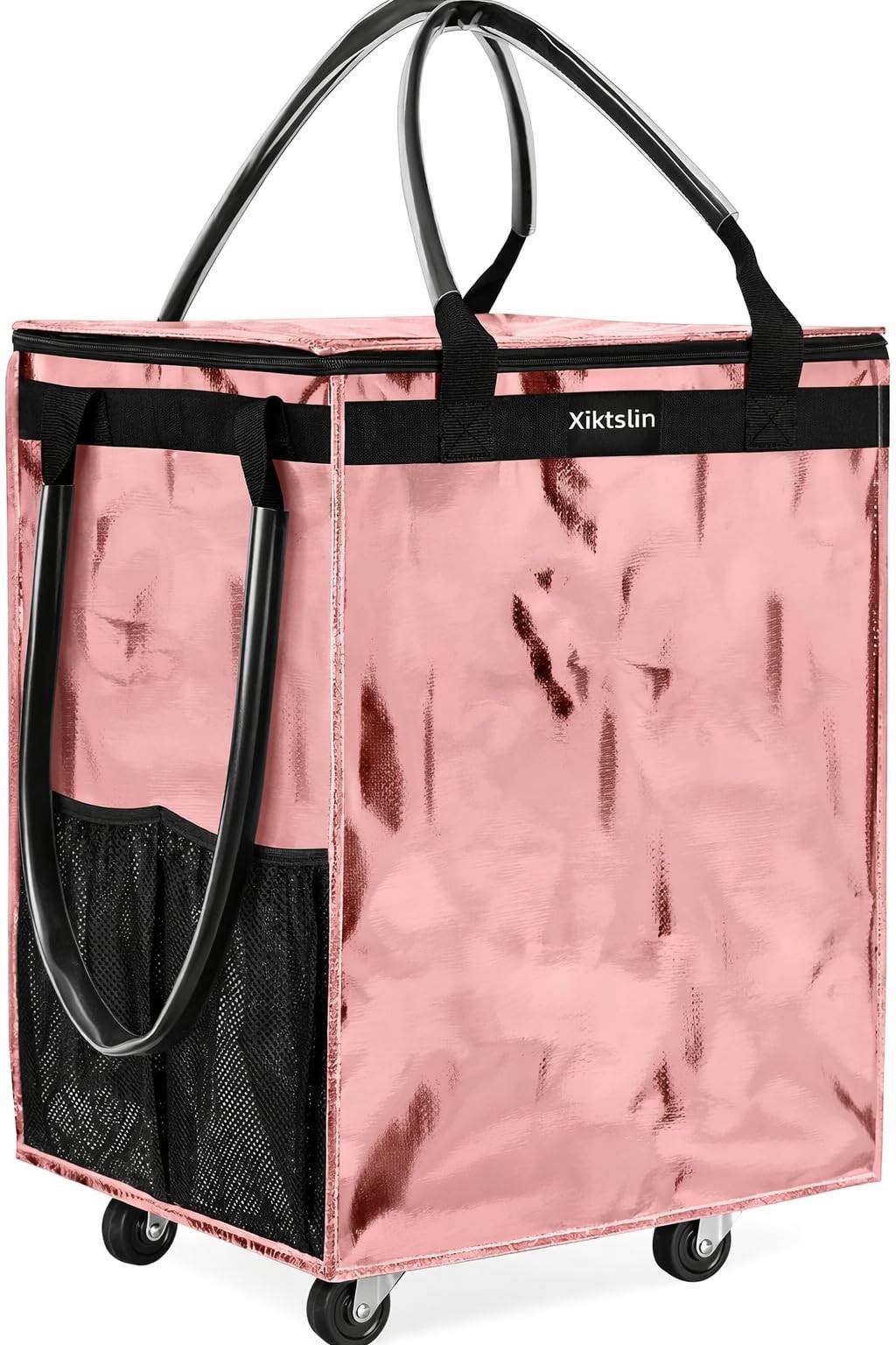 (Medium, Rose Gold) Reusable Grocery Bag on 4 Wheels, Foldable Rolling Tote C…