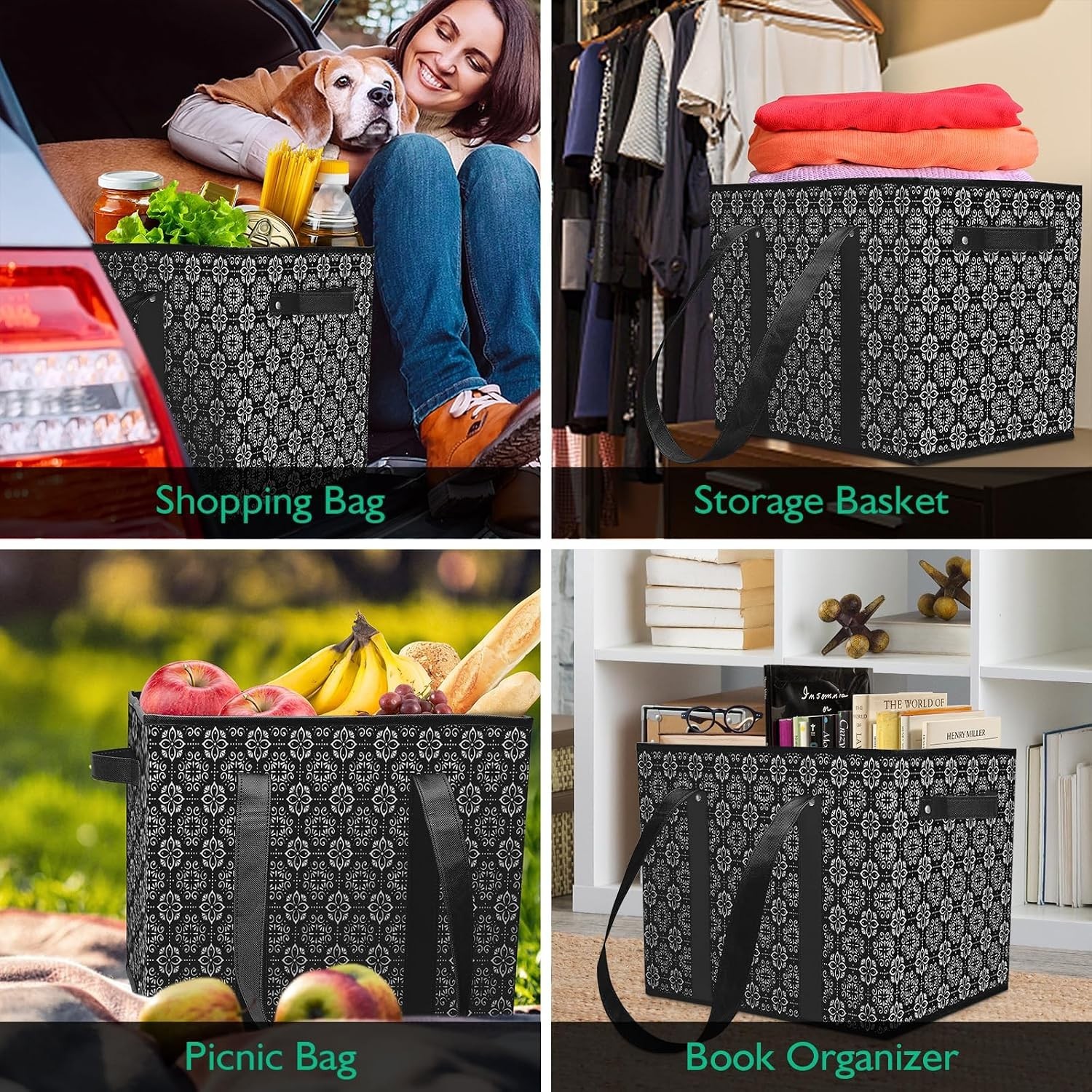 Black 3-Pack Heavy-Duty Reusable Grocery Bags, Foldable & Water-Resistant