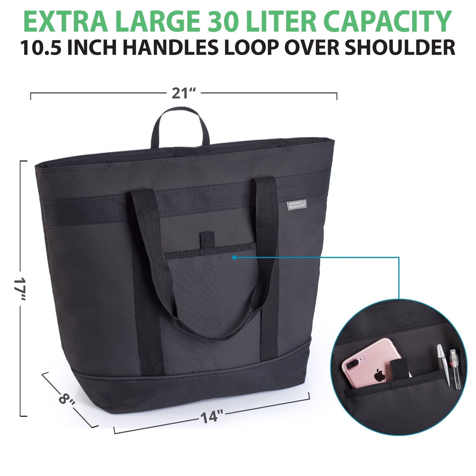 Jumbo Insulated Cooler Bag, Black, HD Thermal, Collapsible Soft, Grocery, Food