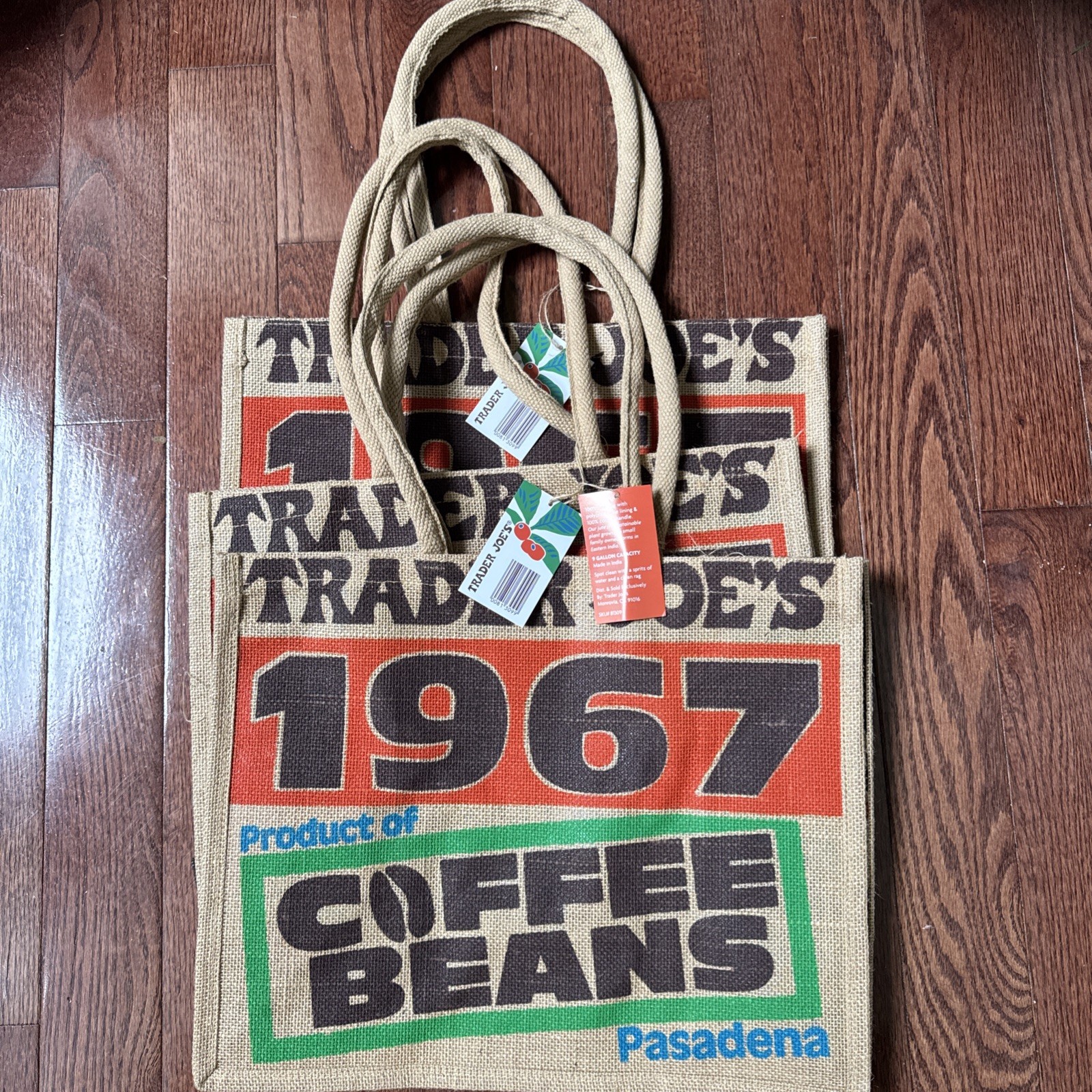 3 Trader Joes COFFEE BEANS Reusable Jute Burlap Shopping Tote Bags Pasadena 1967