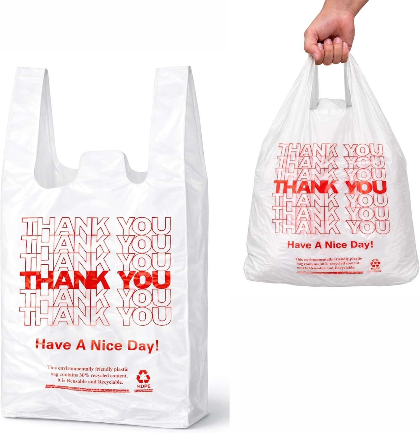 200PCS White Thank You T-Shirt Bags – Reusable & Disposable Grocery Bags 11x6x21