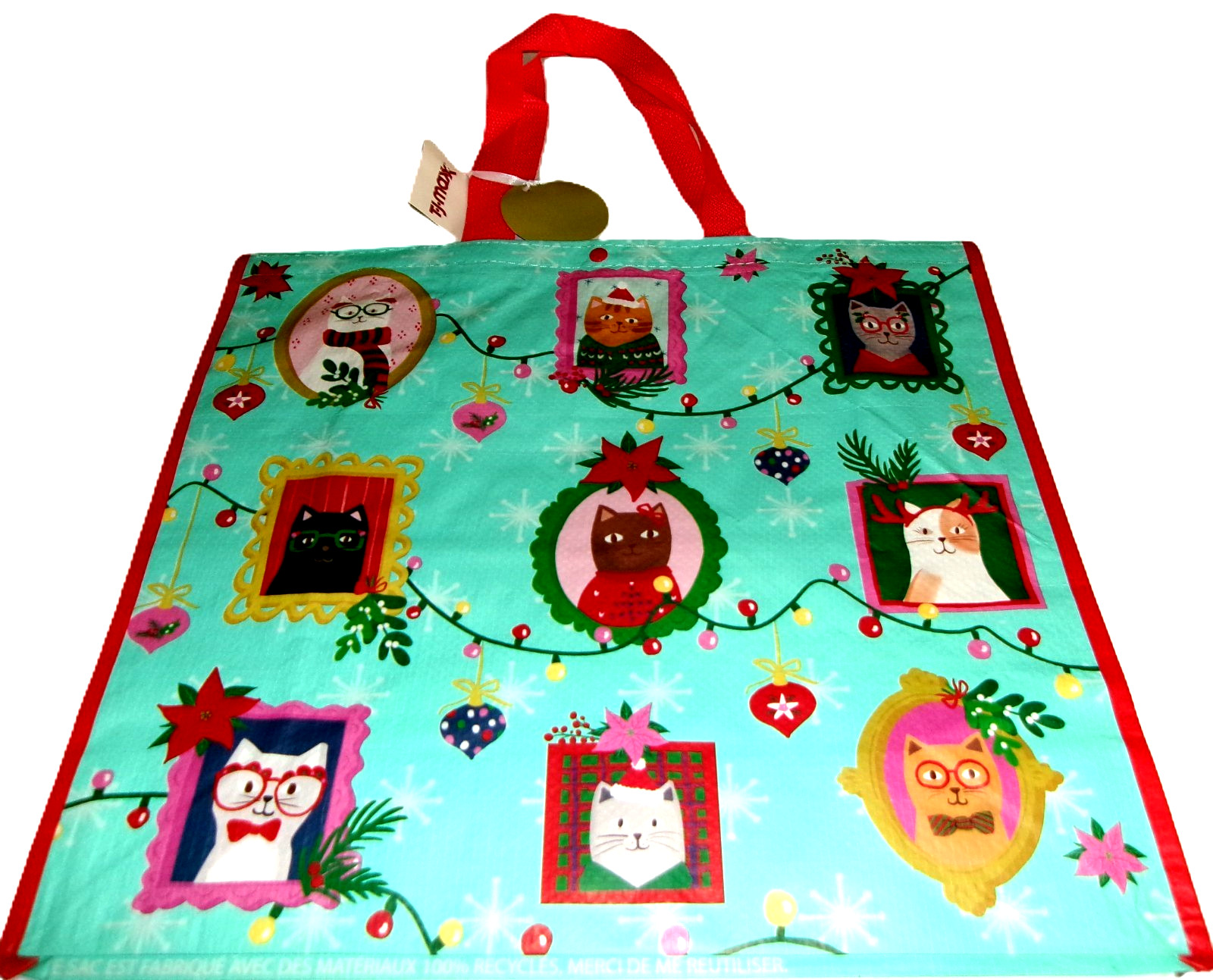 CHRISTMAS ~ Reusable Tote Bag~20″ X 18″ X 8″ ~ CHRISTMAS CATS IN PICTURE FRAMES
