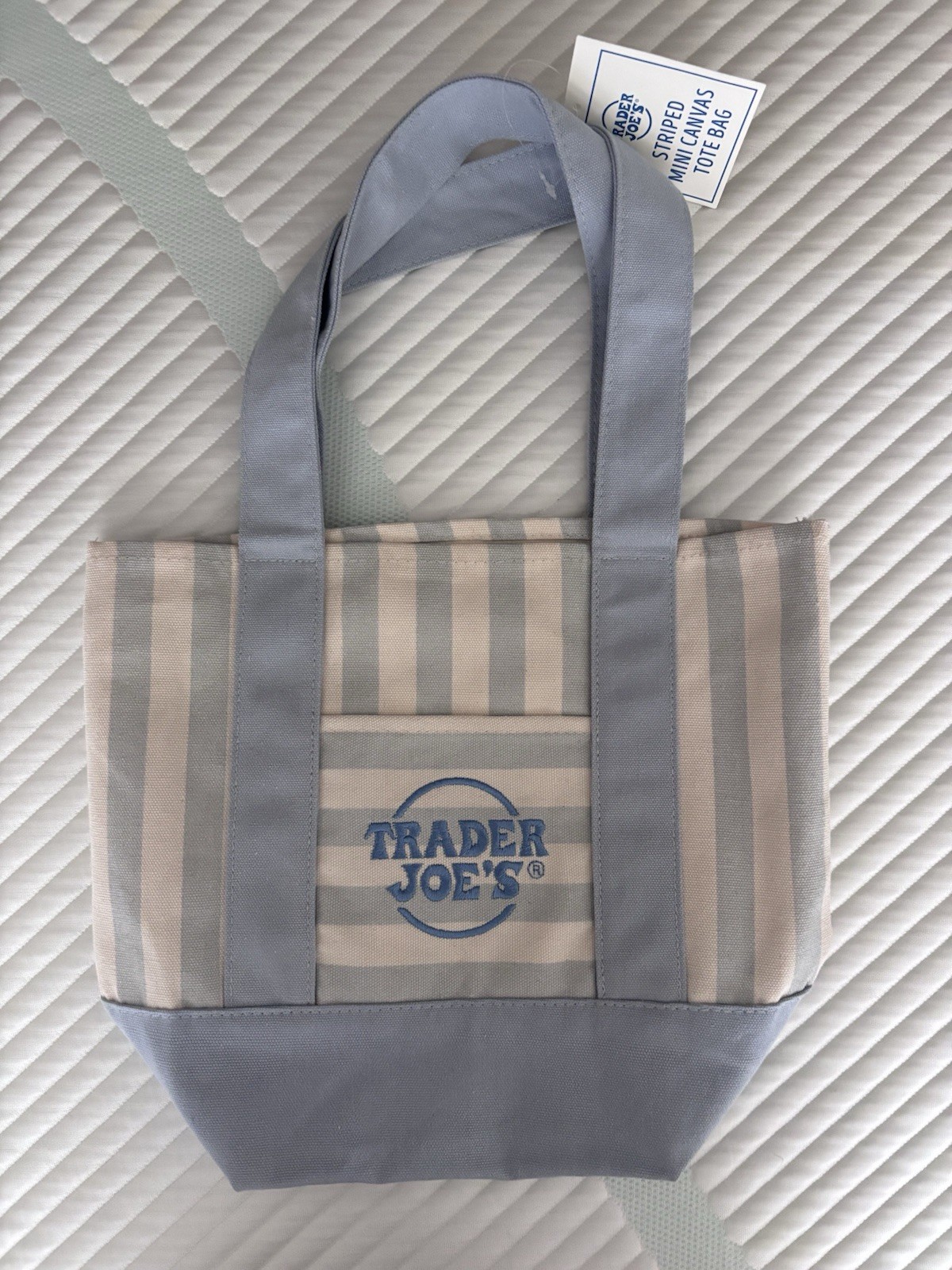 Brand New Trader Joe’s Striped Mini Canvas Tote Bag Blue/Beige in New
