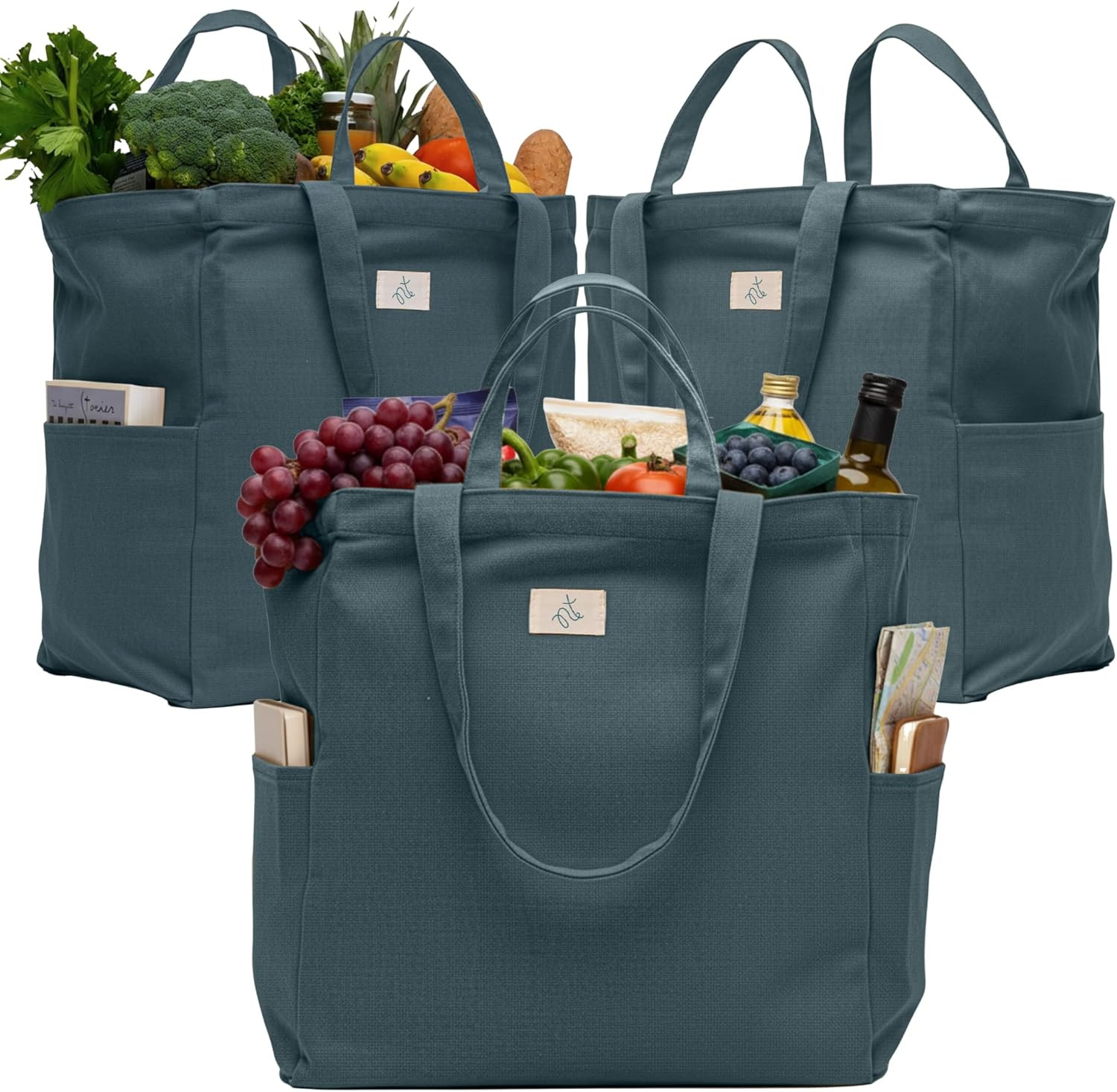 3-Pack Reusable Grocery Bags – Heavy Duty, Large 12 Oz Cotton Canvas Reusable Sh