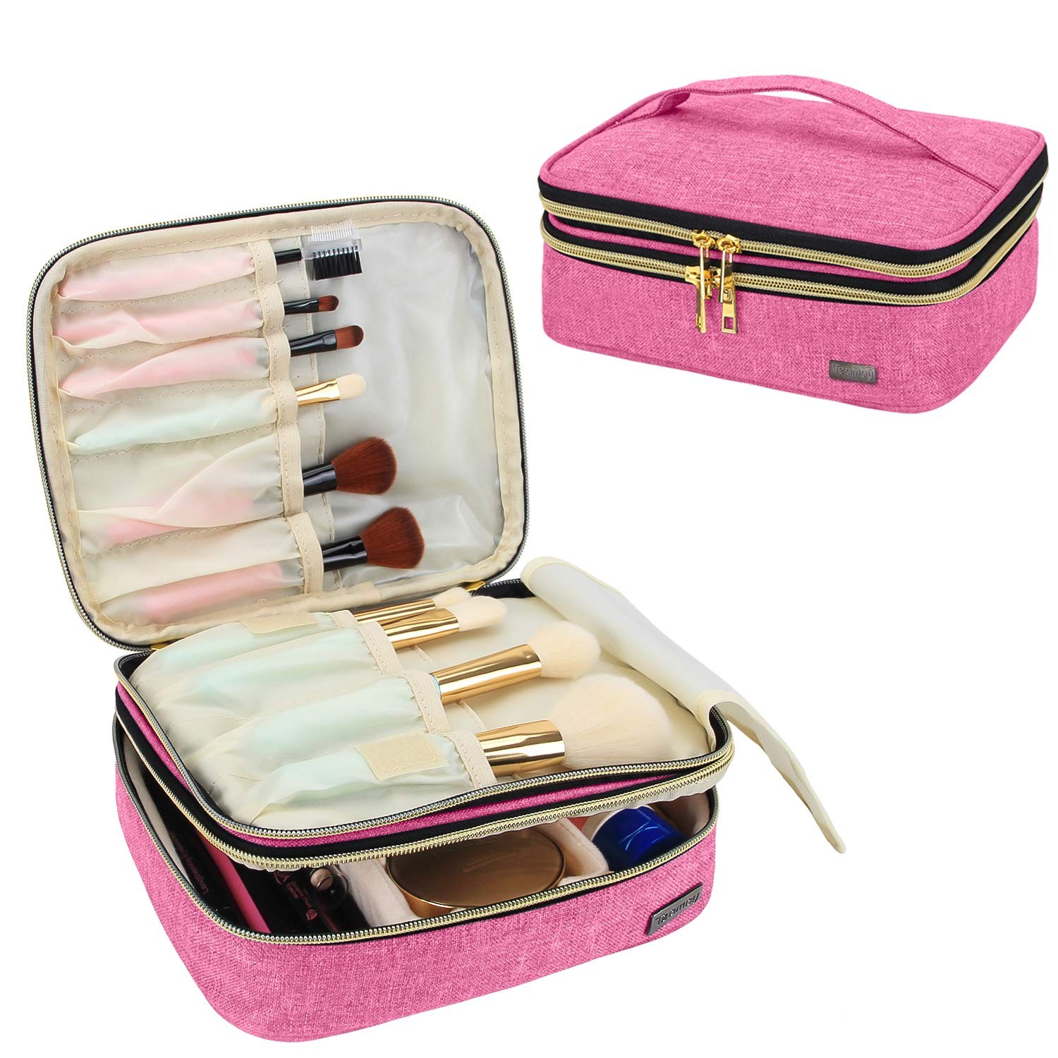 Teamoy Travel Makeup Brush Organizer, Cosmetic Brushes Bag Case Large, Pink