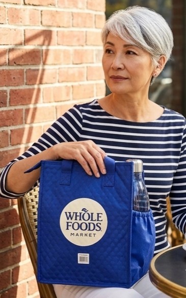 Whole Foods Market Blue Reusable Foldable ThermalShopping Bag Zipper Side Pocket