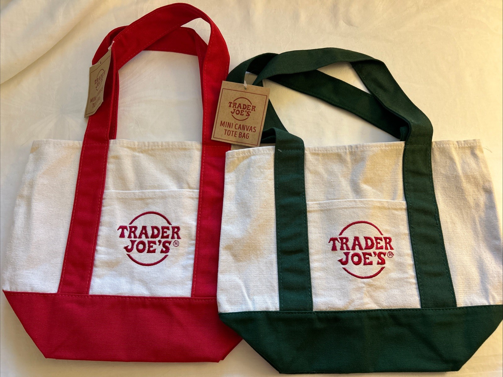 Trader Joe’s Mini Canvas Tote Bags Set of 2 Red/Green Holiday Colors NWT