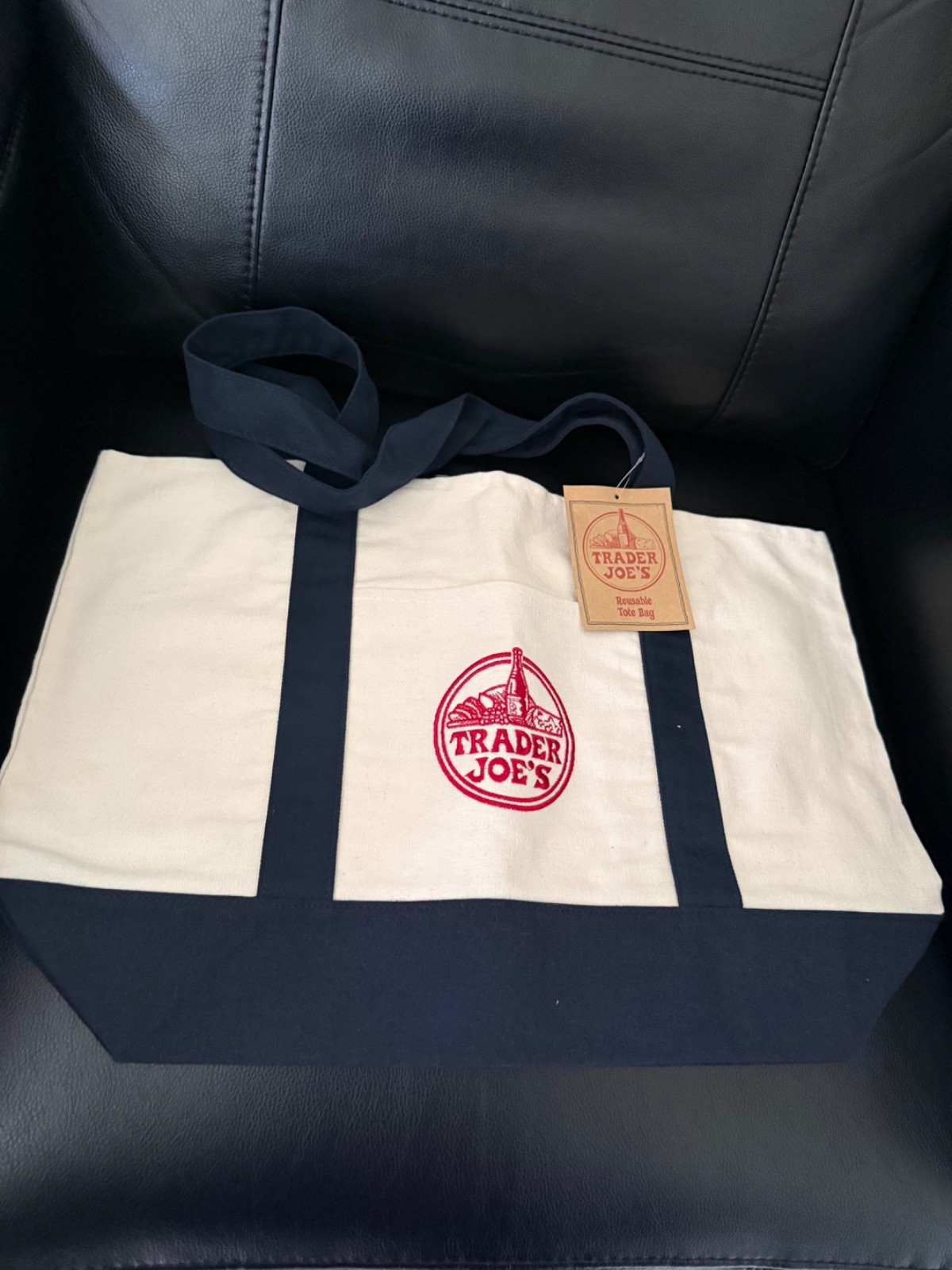 Trader Joe’s Navy Blue & White Reusable Tote Bag | Durable Canvas Grocery Shoppi