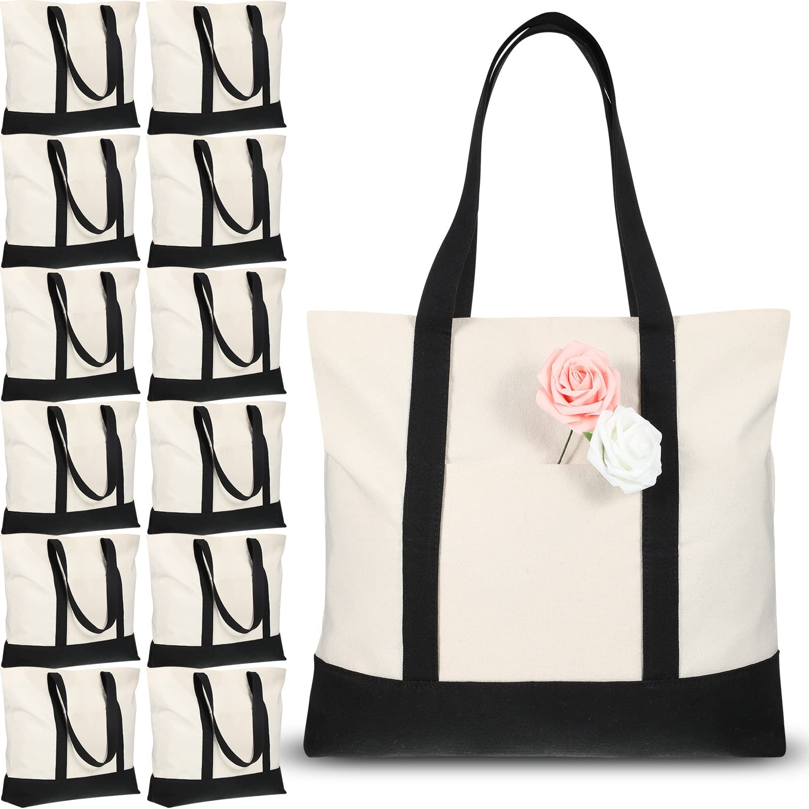 12 Pcs Canvas Tote Bag Bulk, 21 in Cotton Blanks Canvas Tote with Pocket Zipp…