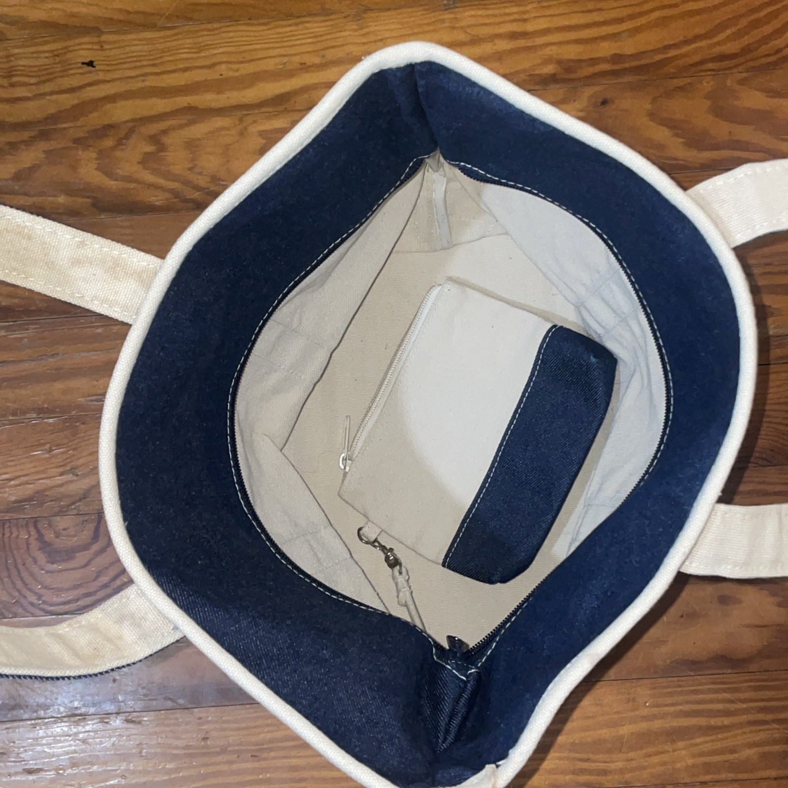 Vintage Cherokee Canvas Tote Bag With Zip Closure Blue Denim/White Canvas