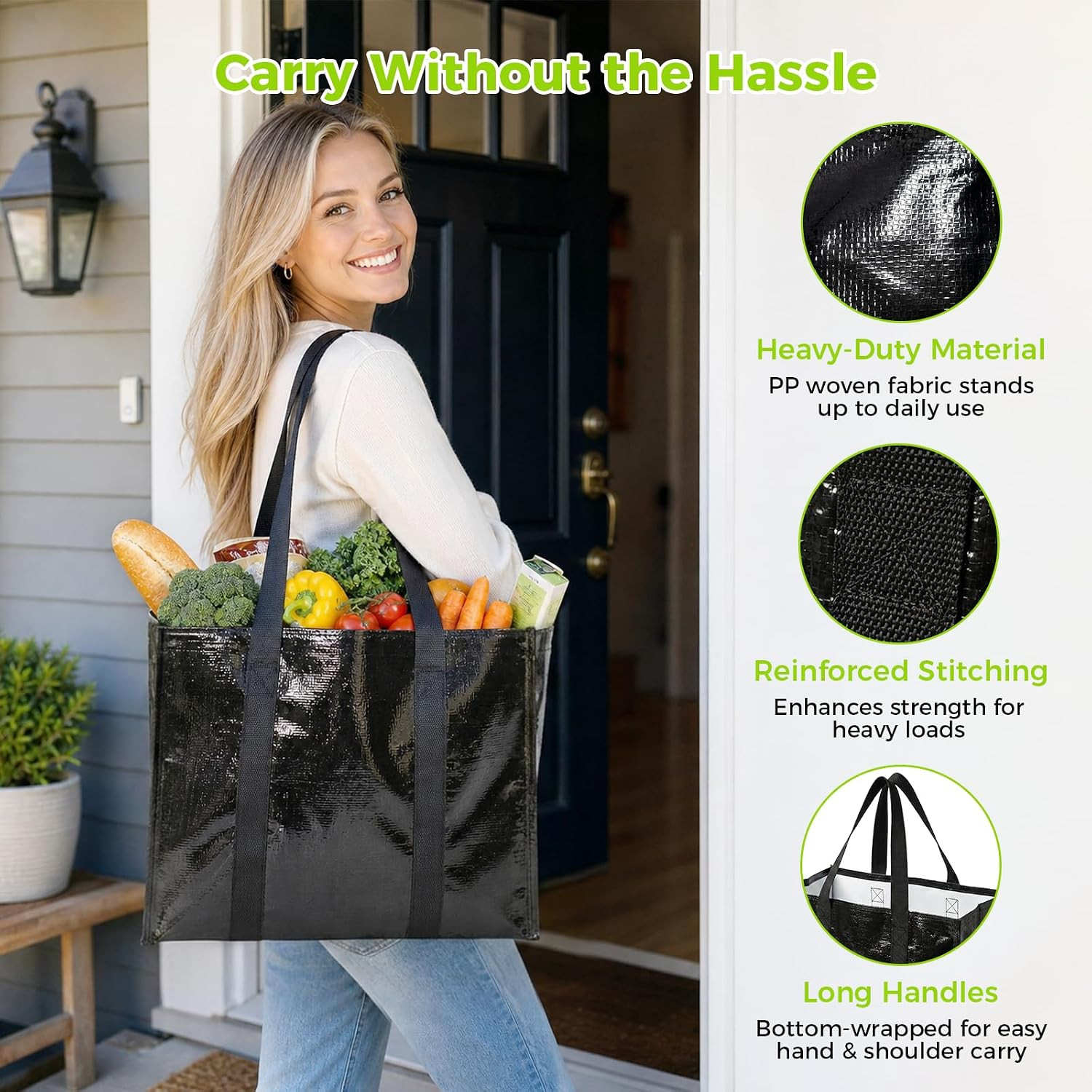 Heavy Duty Reusable Grocery Bags – 4 Pack, Waterproof, Large Capacity 33L