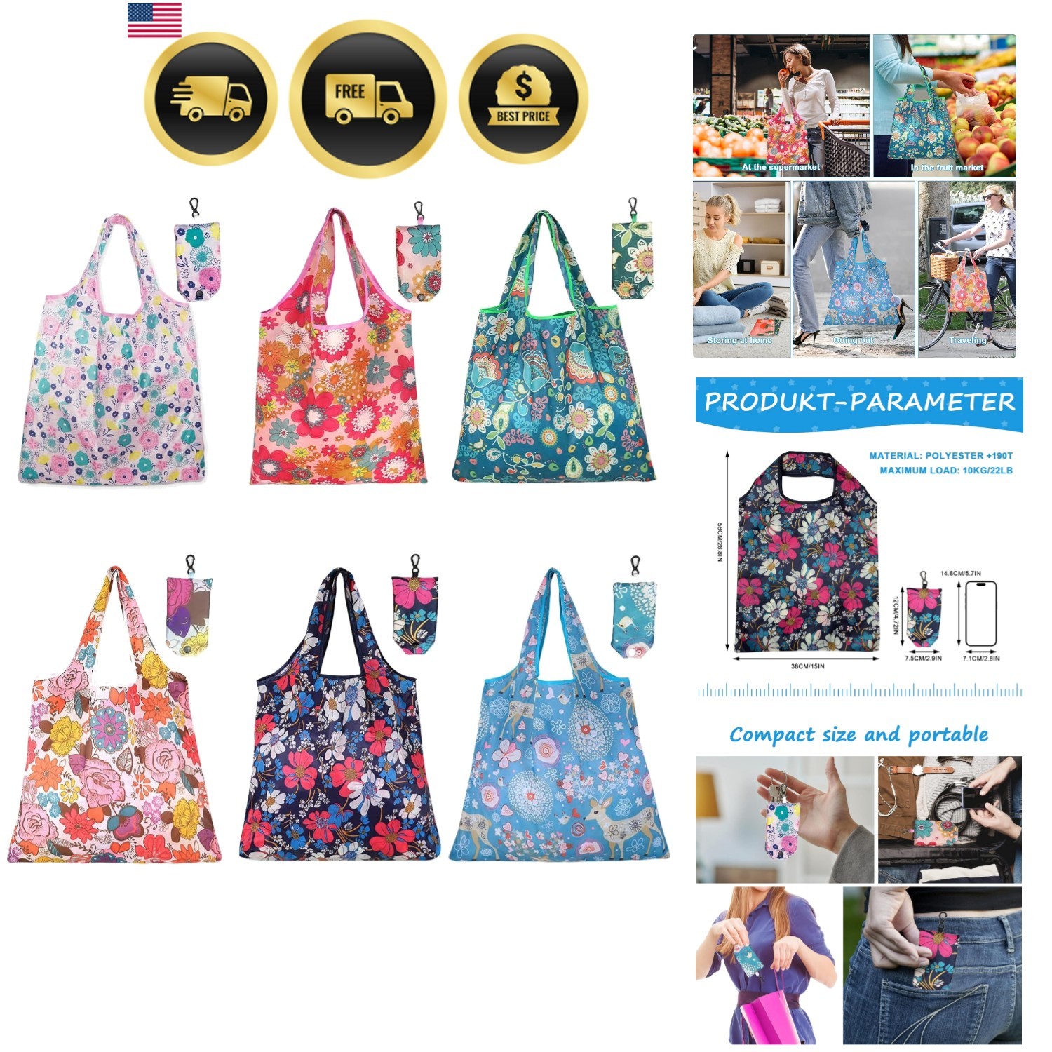 6 Pcs Reusable Shopping Bags Foldable, Machine Washable Shopping Grocery Bags…