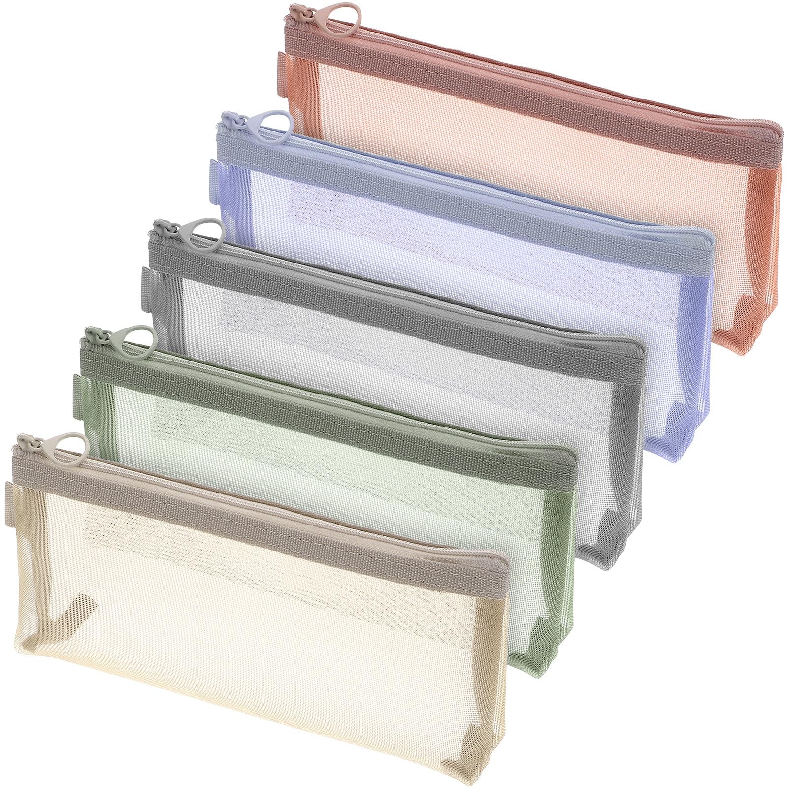 TIESOME 5 Pcs Mesh Zipper Pouch Bags, Nylon Green, Khaki, Gray, Pink, Blue