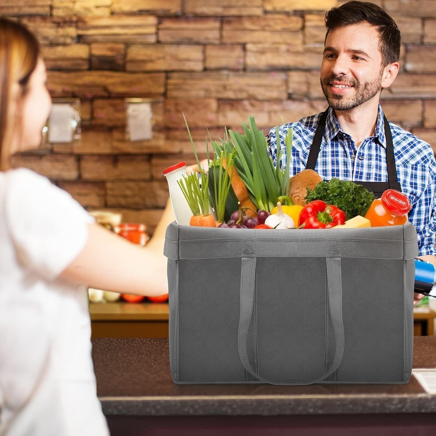 Durable Eco-Friendly Grocery Tote Bags – 10 Large Foldable Packs in Grey & Black