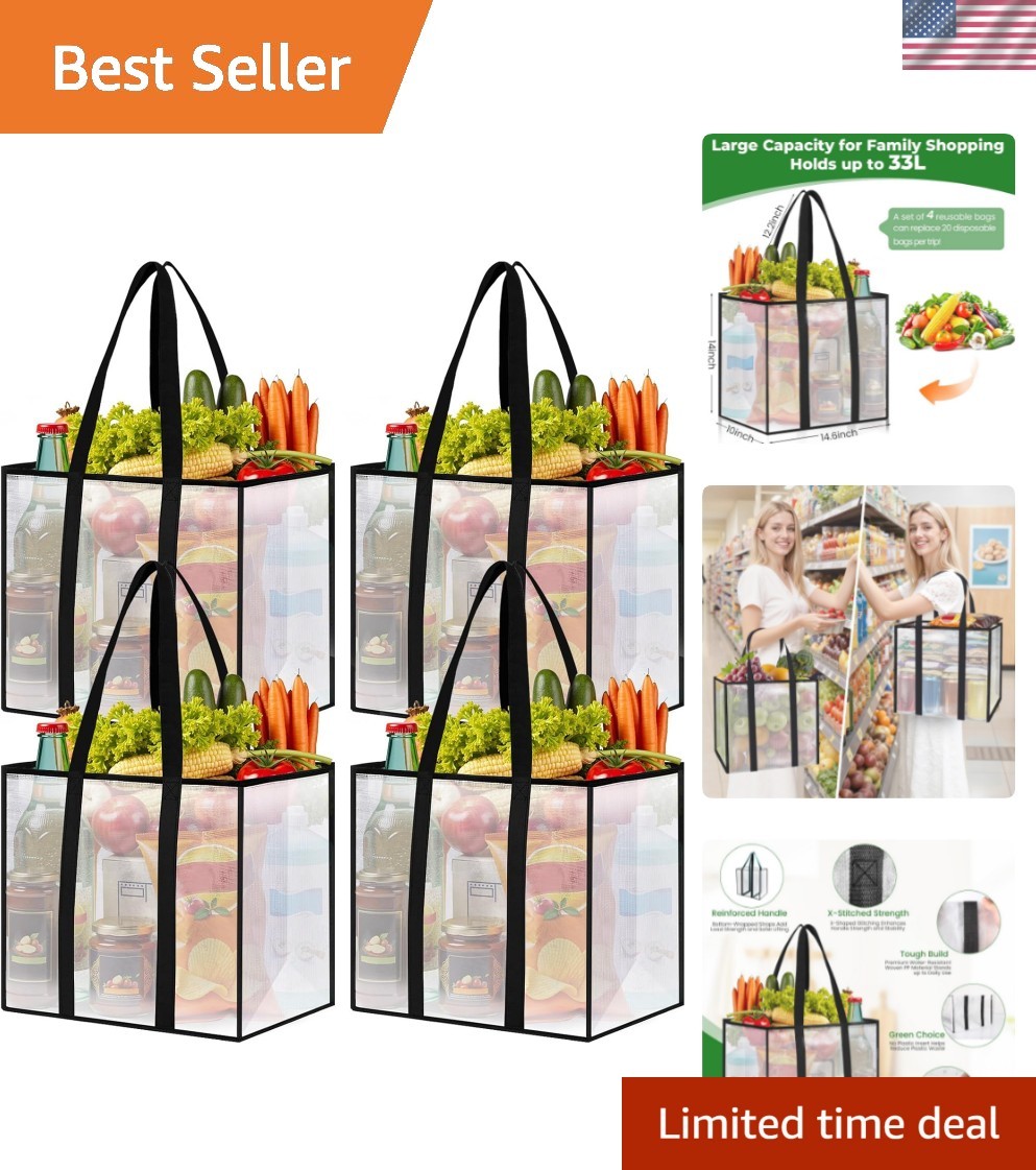4 Pack Reusable Grocery Bags, Heavy-Duty Shopping Bags with Sturdy Handles, W…