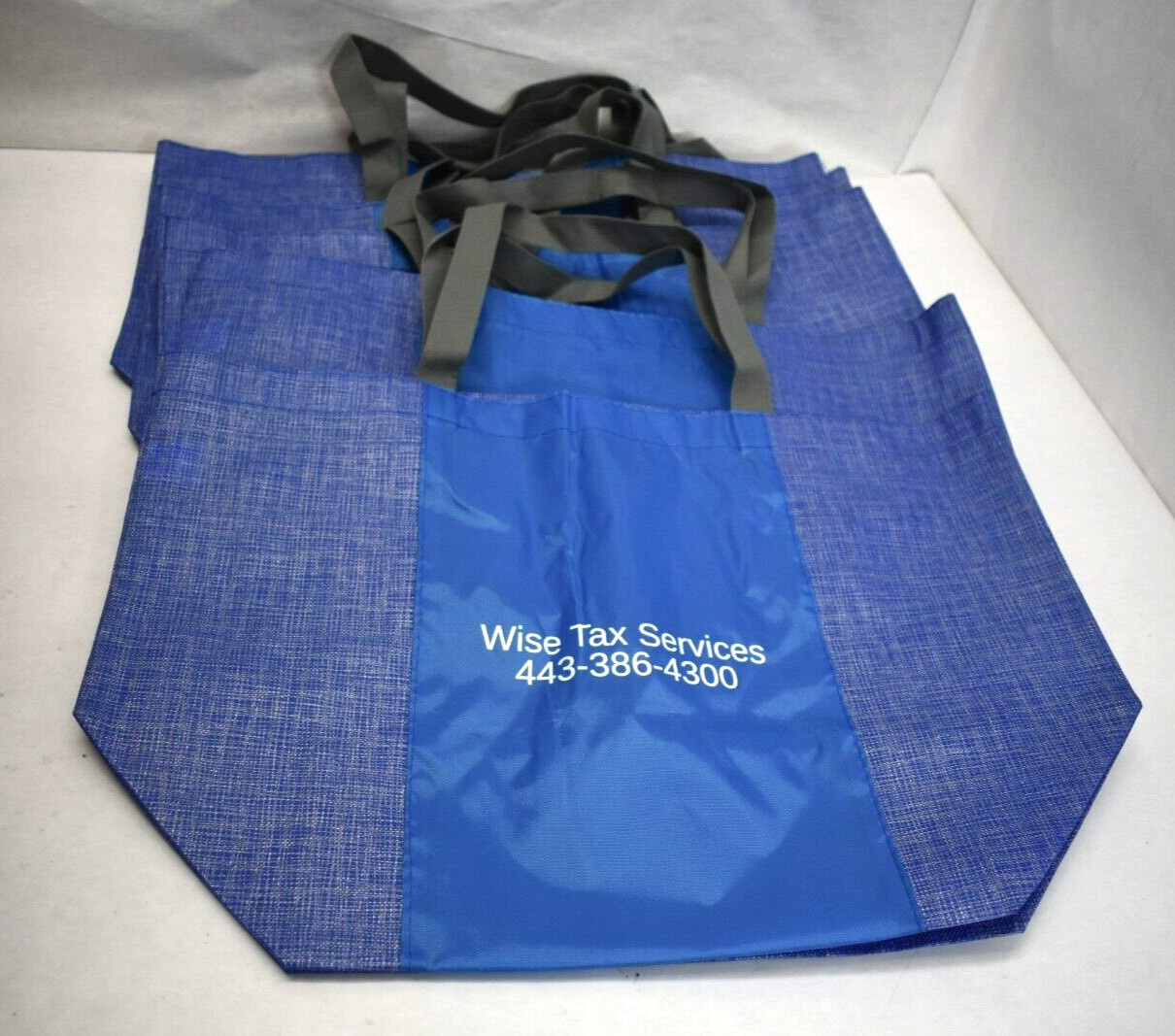 Lot of 5 Blue Tote Bag Polyester Shopping Bags Wise Tax Services Logo Large Bag