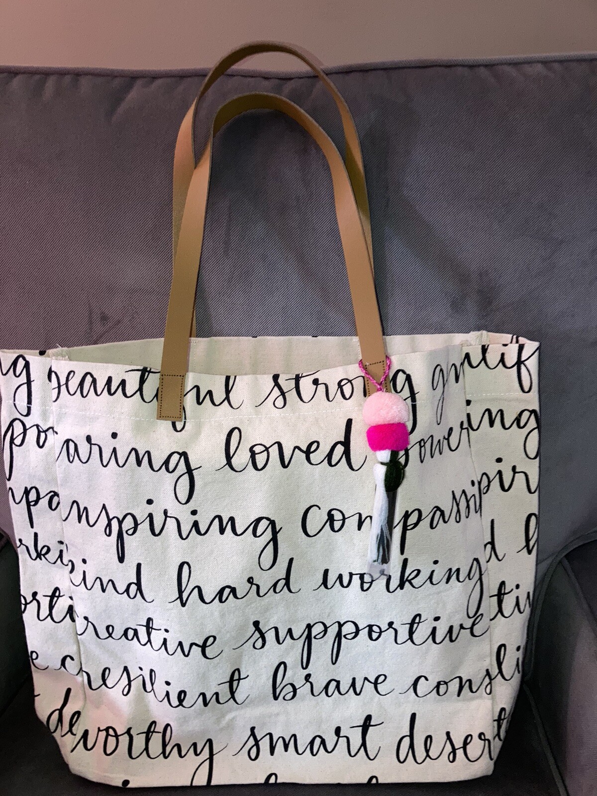 Canvas Cotton Pink Pom-Pom 15″ Tote Reusable Gift Bag Black Inspiring Words Kind