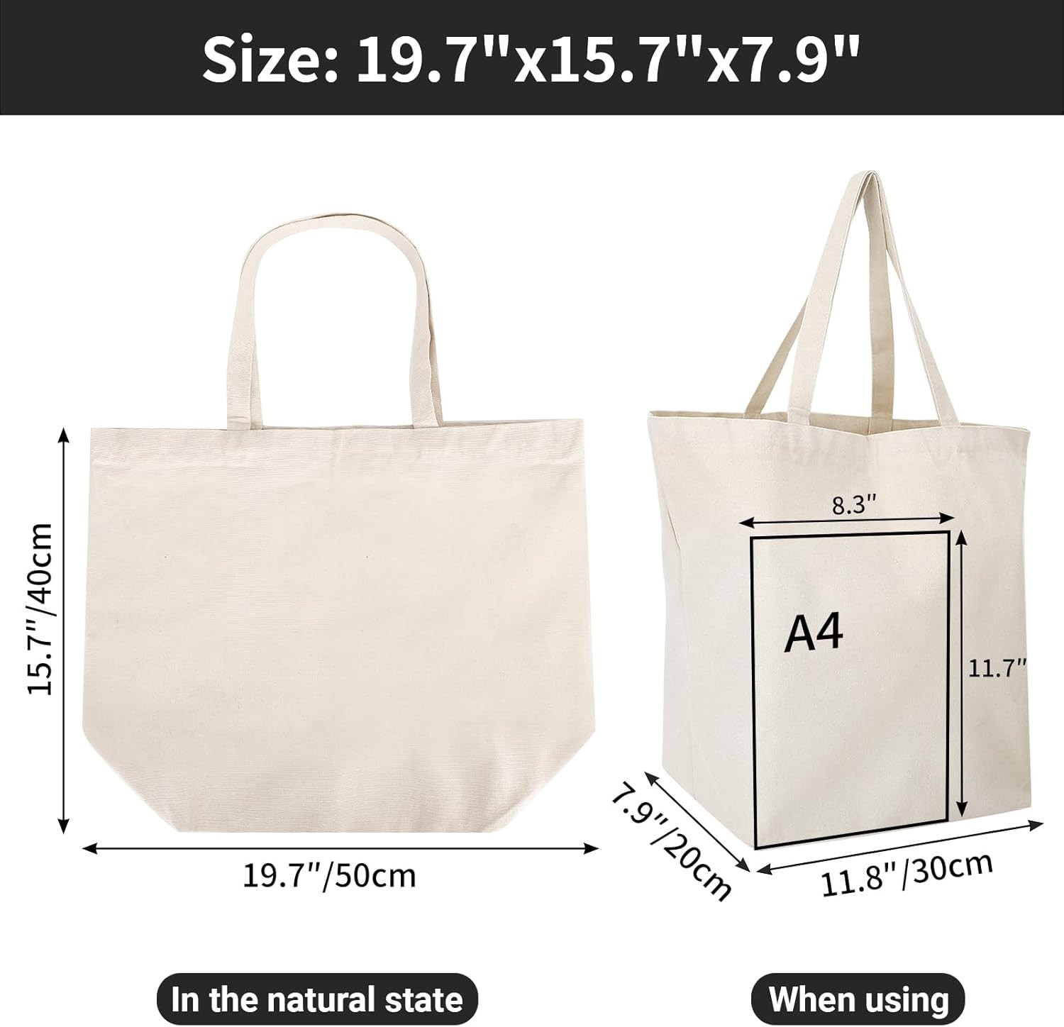 Blank Tote Canvas Bag with Zipper 3 PC 19.7X15.7 Inch Bags with Handles 12 Oz…