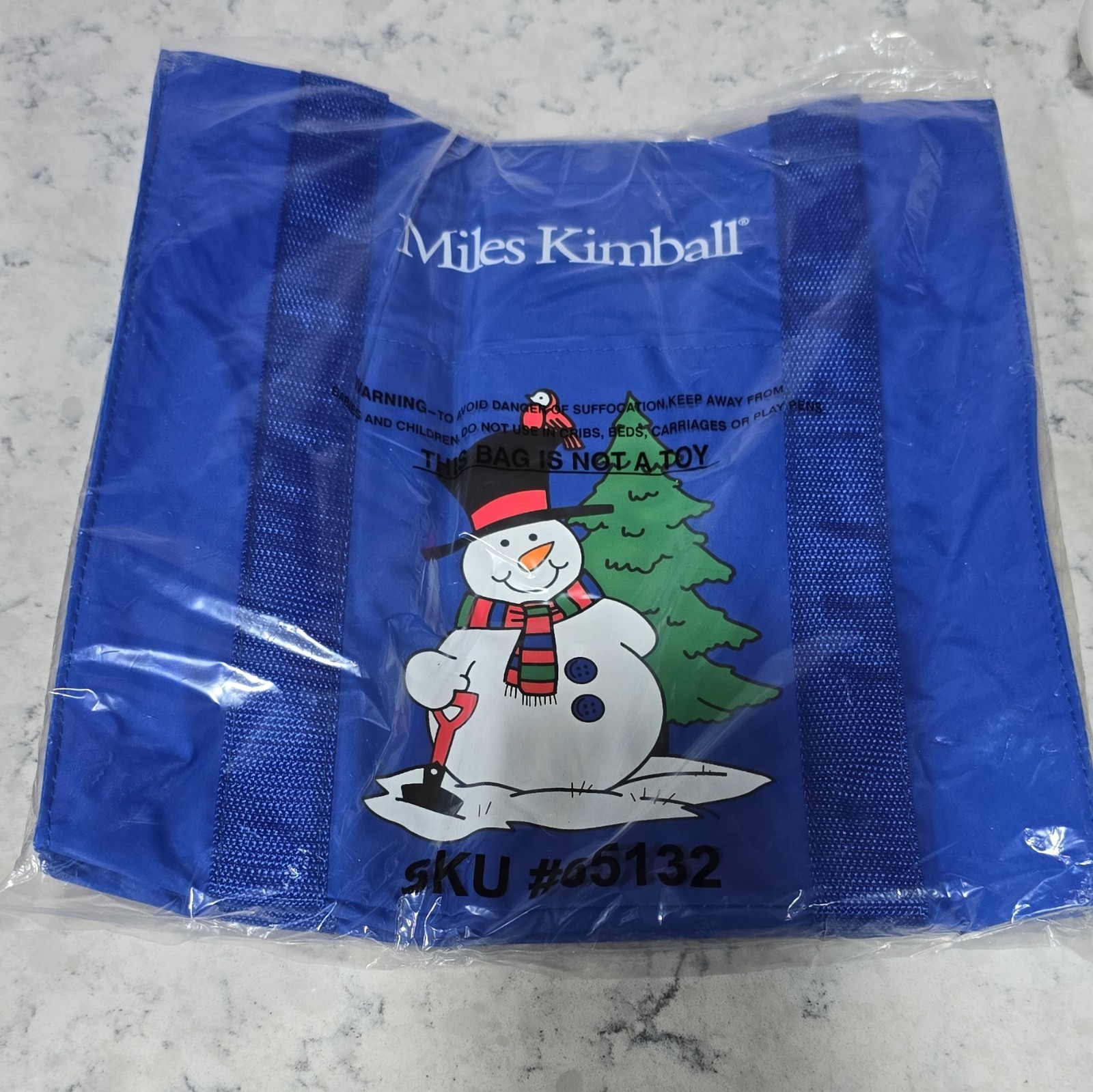 Miles Kimball Reusable Tote Bag Blue Snowman Large Nylon 45 qt SKU 65132