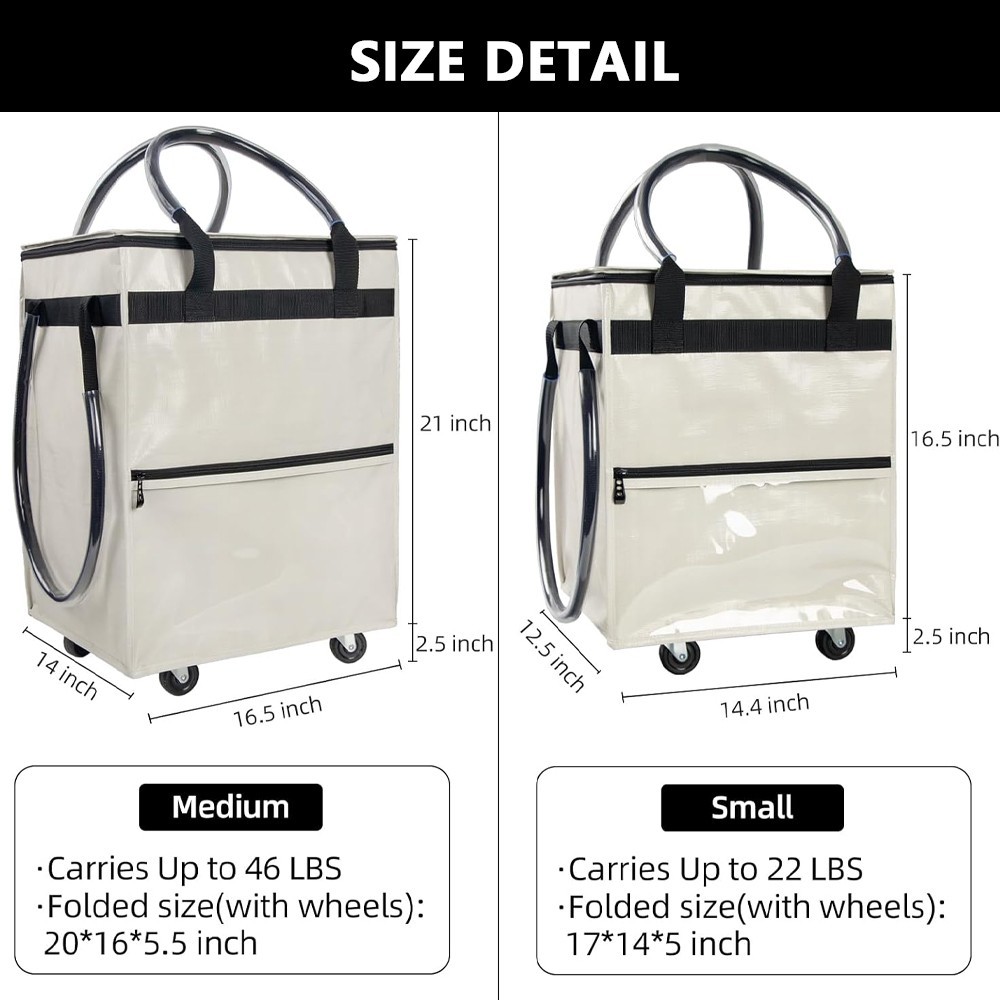 Folding Rolling Tote, Zipper reusable Grocery Bag on Wheels