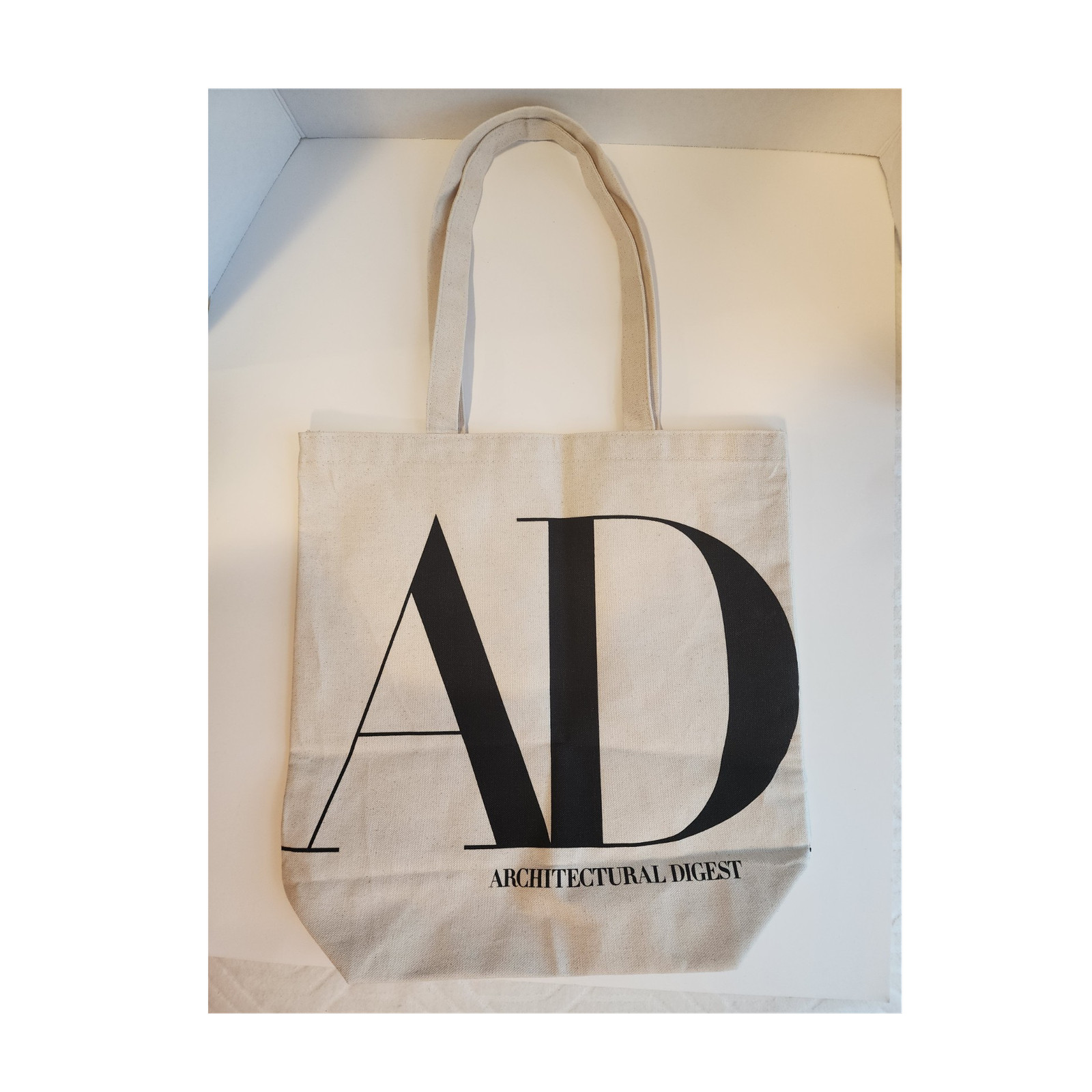 Architectural Digest Canvas Tote Reusable Bag Beige Black All-Over Pattern