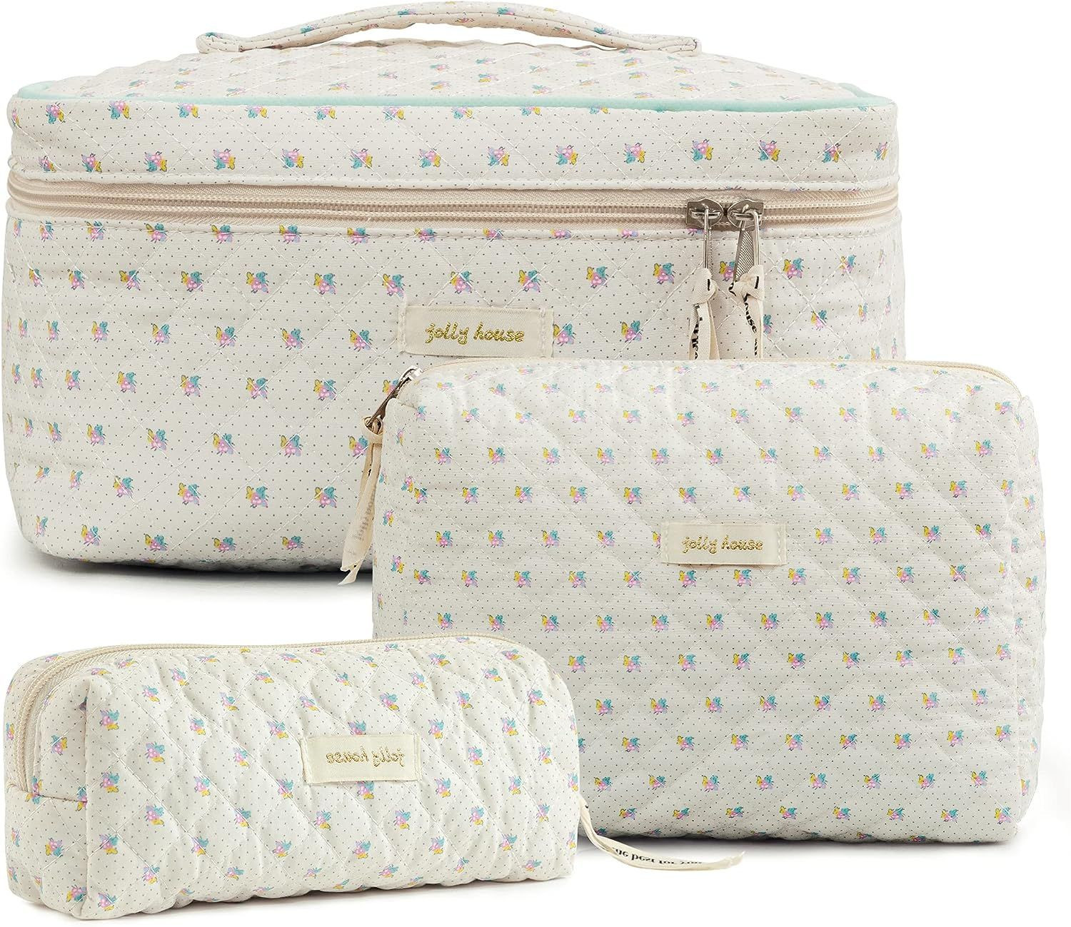 HBselect 3Pcs Cotton Quilted Makeup Bag Coquette Large Flower-3pcs