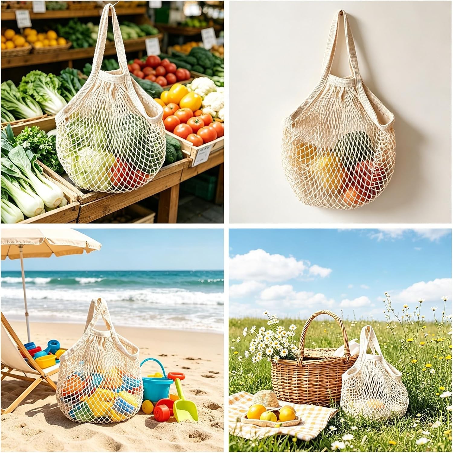 Charming Beige Cotton String Grocery Bags – Retro Set of 3, Space-Saving Design