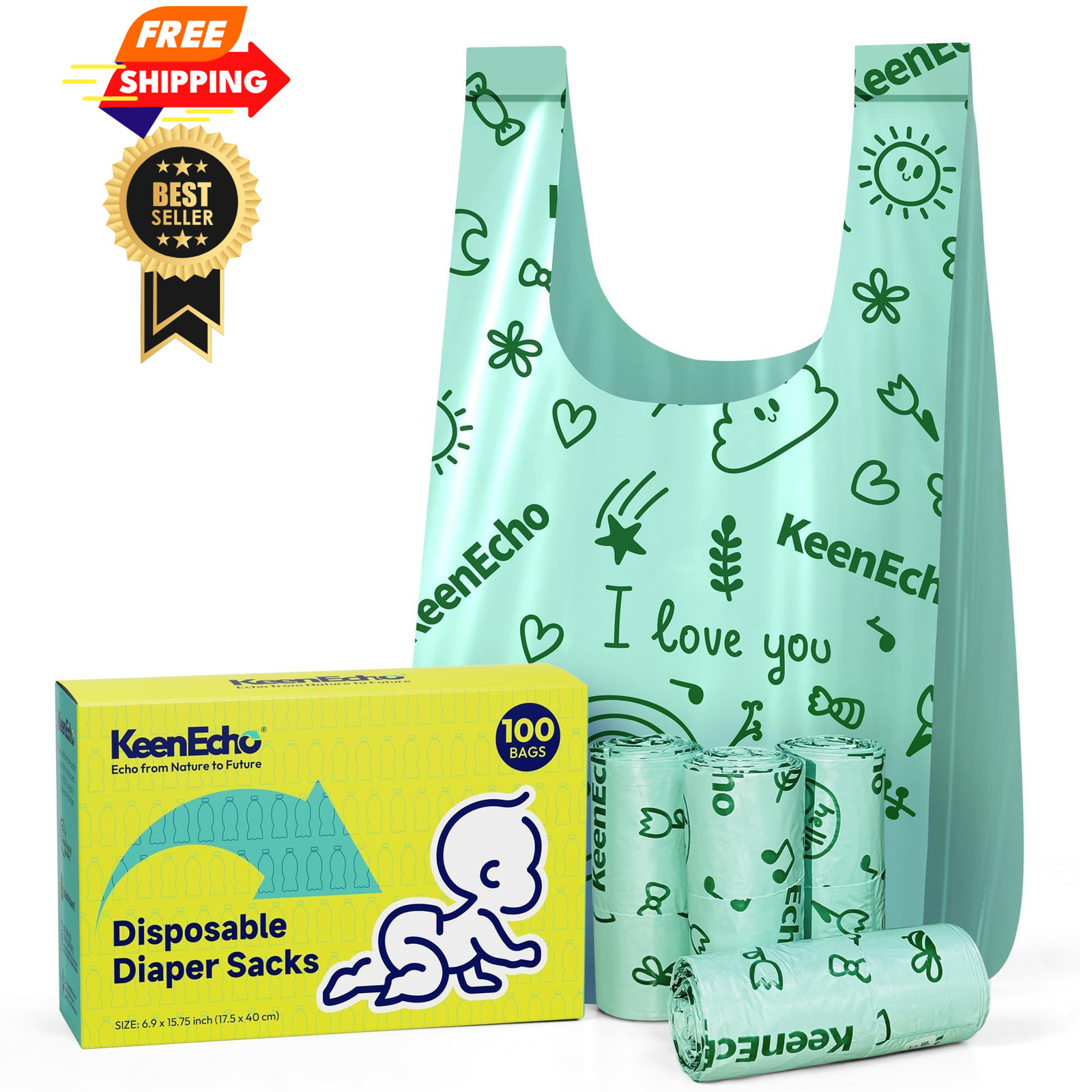 KeenEcho Disposable Diaper Bags with Handles 100 100 (Solid Roll), Green