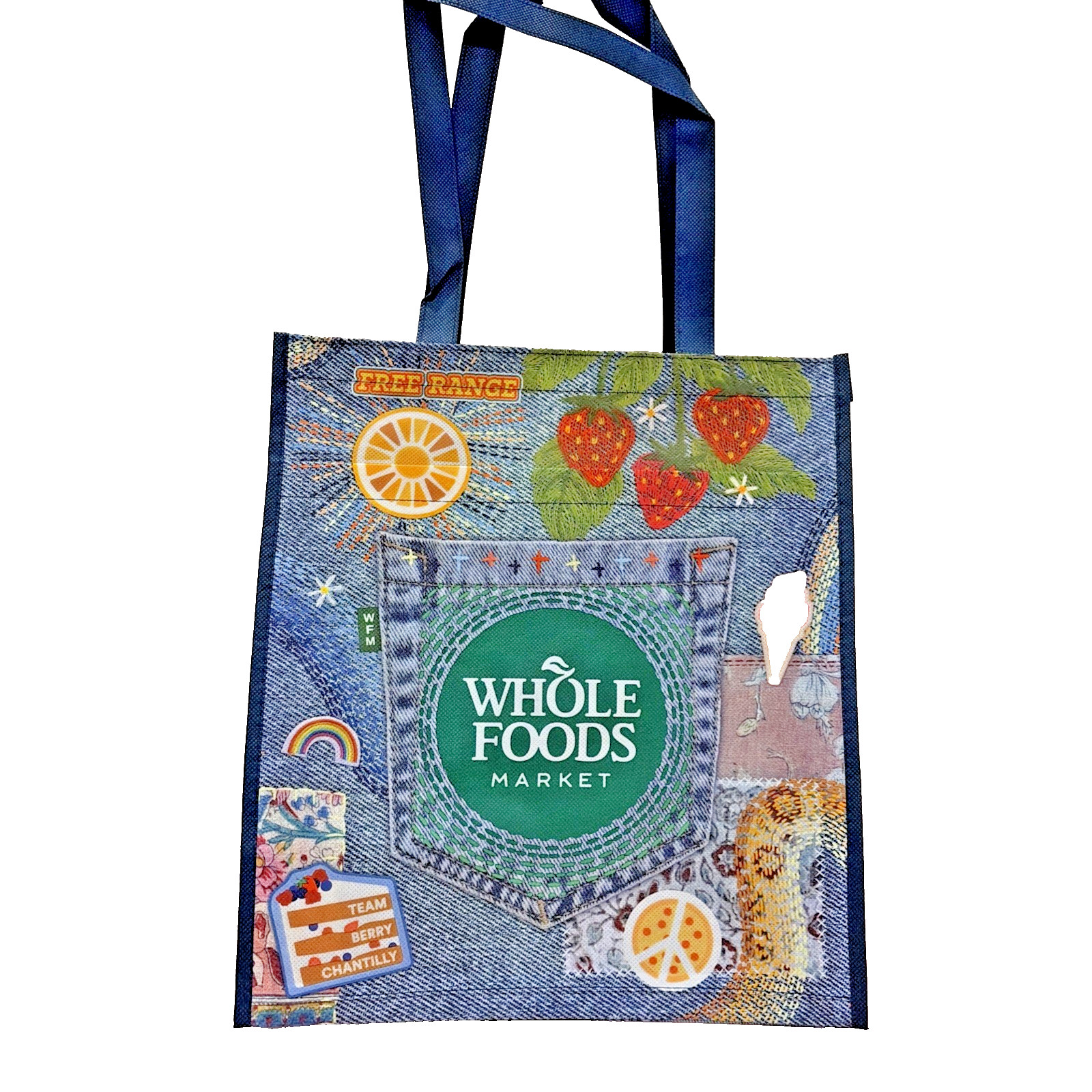 Whole Foods reusable Bag Limited Summer Denim Printed Large 2nd pocket New