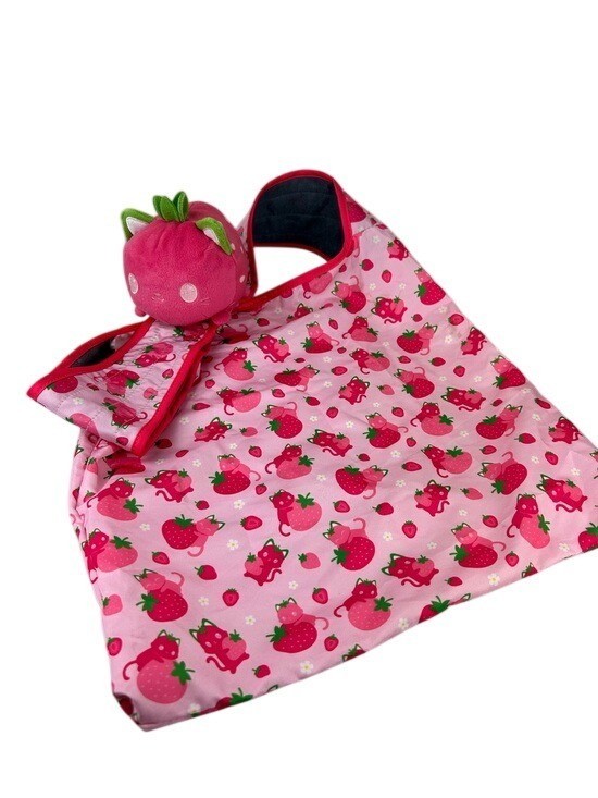 Tee Turtle Strawberry Cat Reusable Tote Shopping Bag with Plush Shoulder Toy