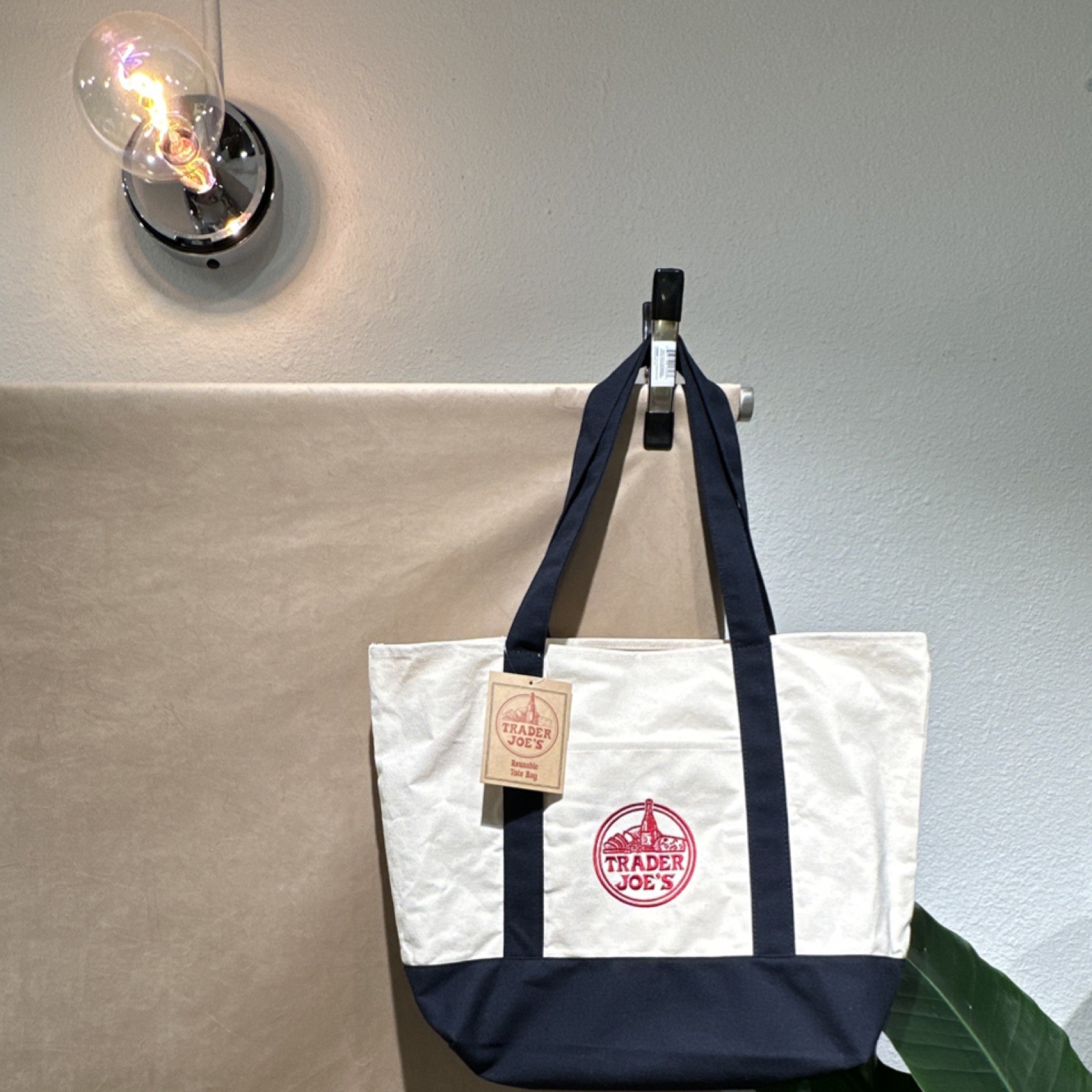 Trader Joe’s Canvas Reusable Tote Bag Foldable Beige Navy Blue