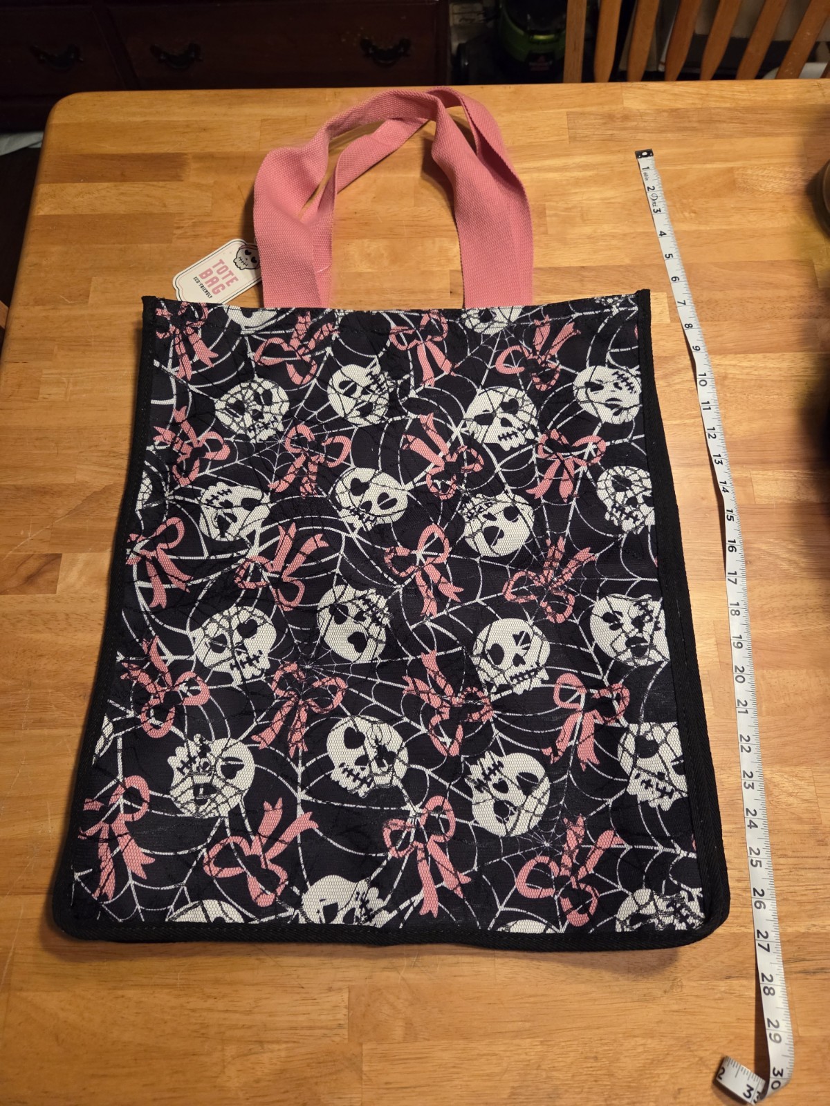 Reusable Pink & Black Skull Canvas Tote with Bow & Web 20″L x 15″W Heavy Duty