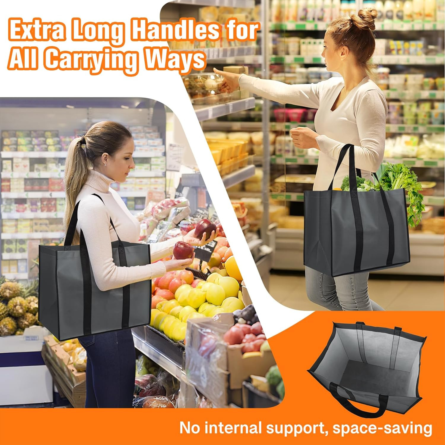 Reusable Grocery Bags With Handles 35L Large Shopping Bags Foldable 3 Pack