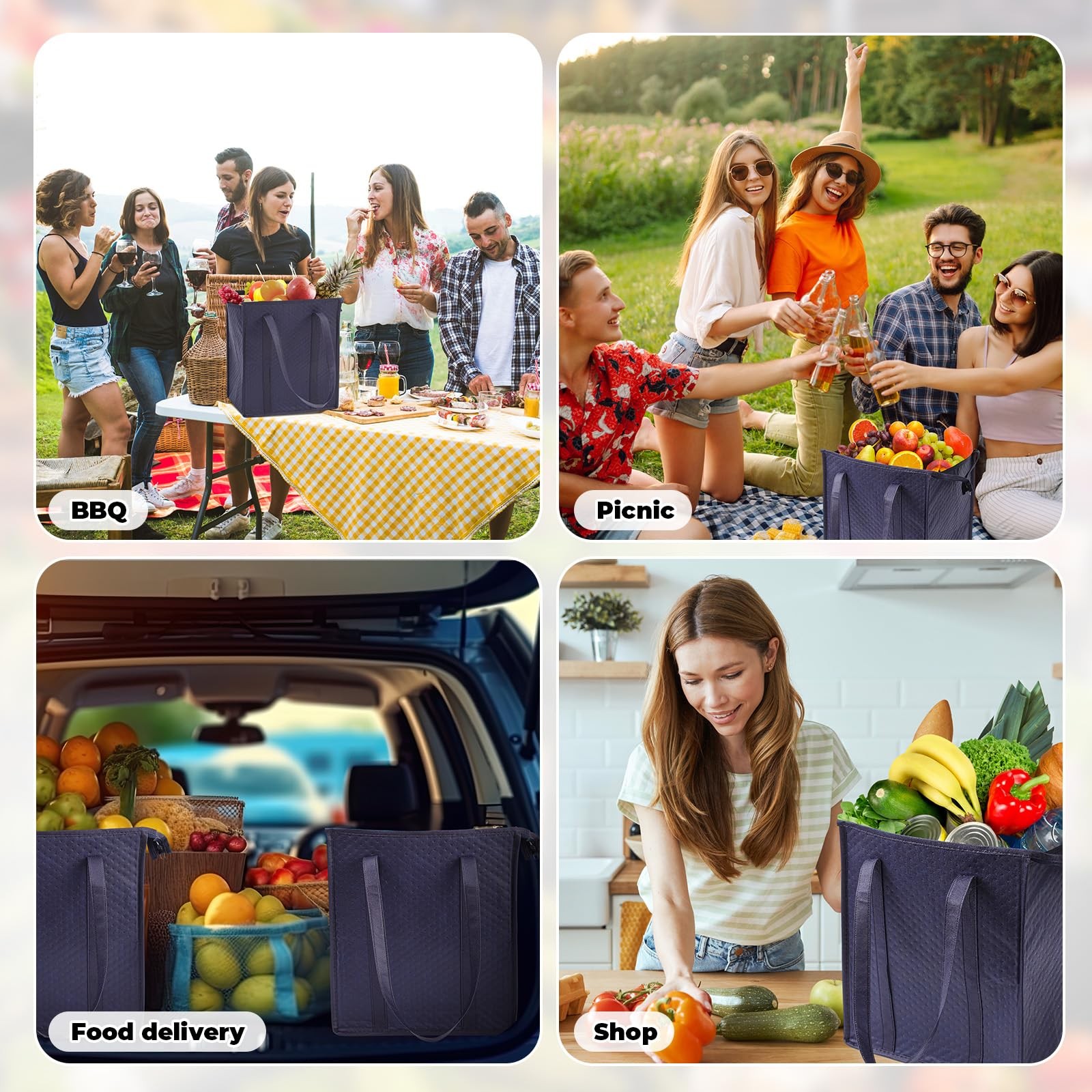3 Pcs XL-Large Insulated Grocery Bags with Zippered Top & Handle-Reusable, Th…