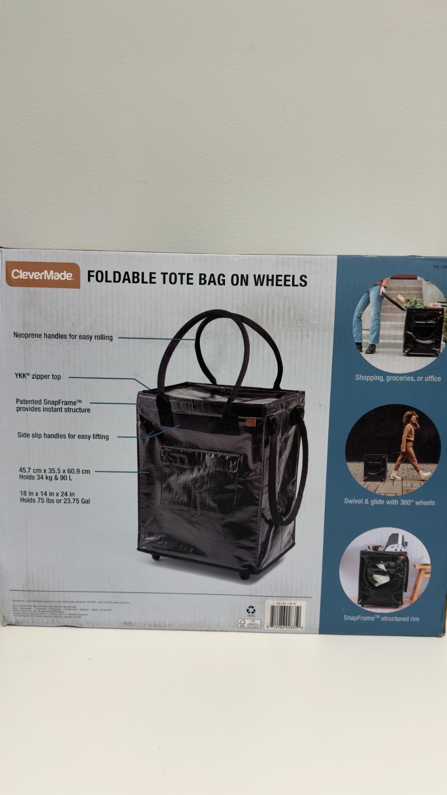 CleverMade Foldable Tote Bag on Wheels Soft Grip Black Capacity: 90L & 75 lbs.
