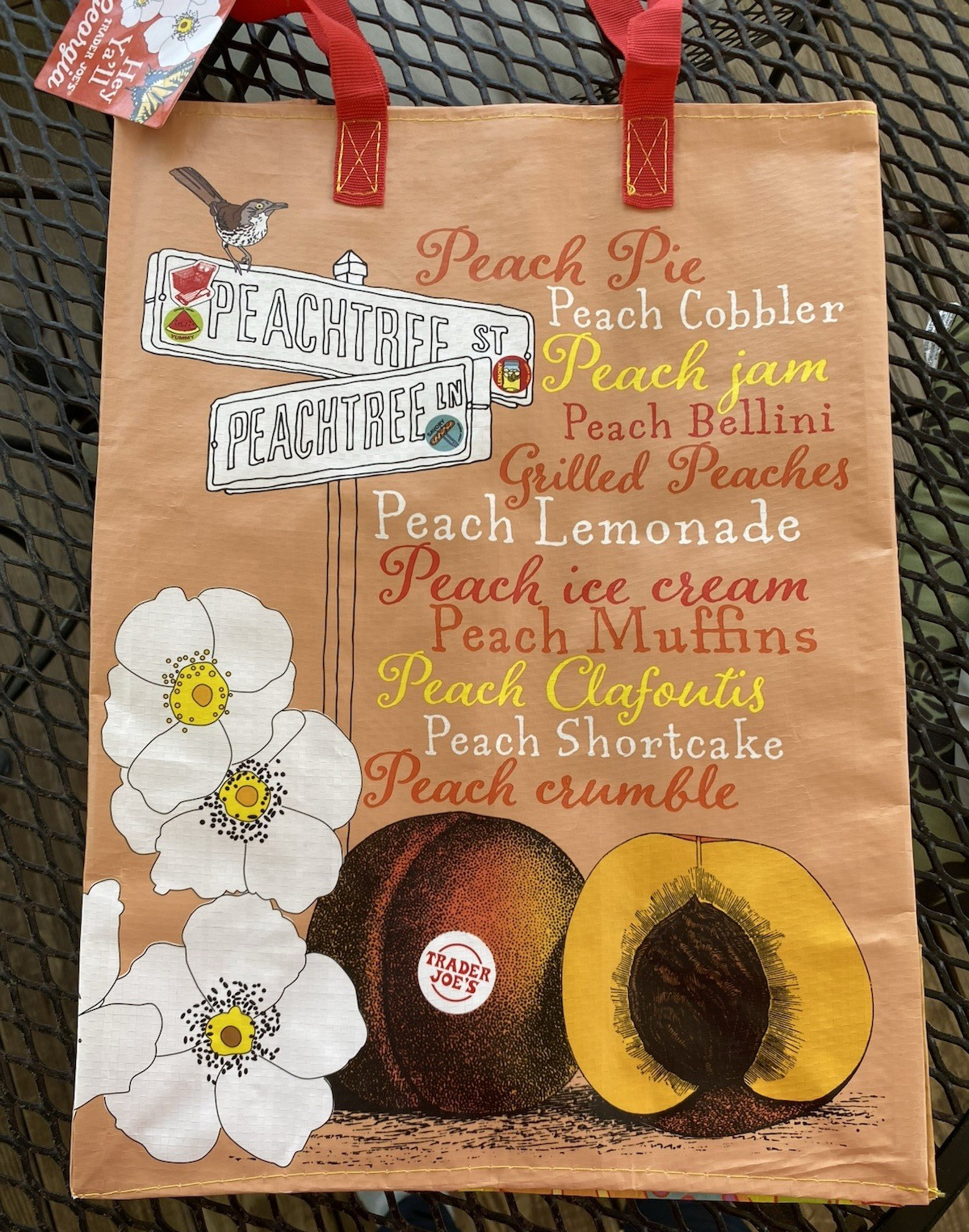 TRADER JOE’S Georgia PEACH Tote GROCERY Bag Reusable PEACHTREE Tea Recipe