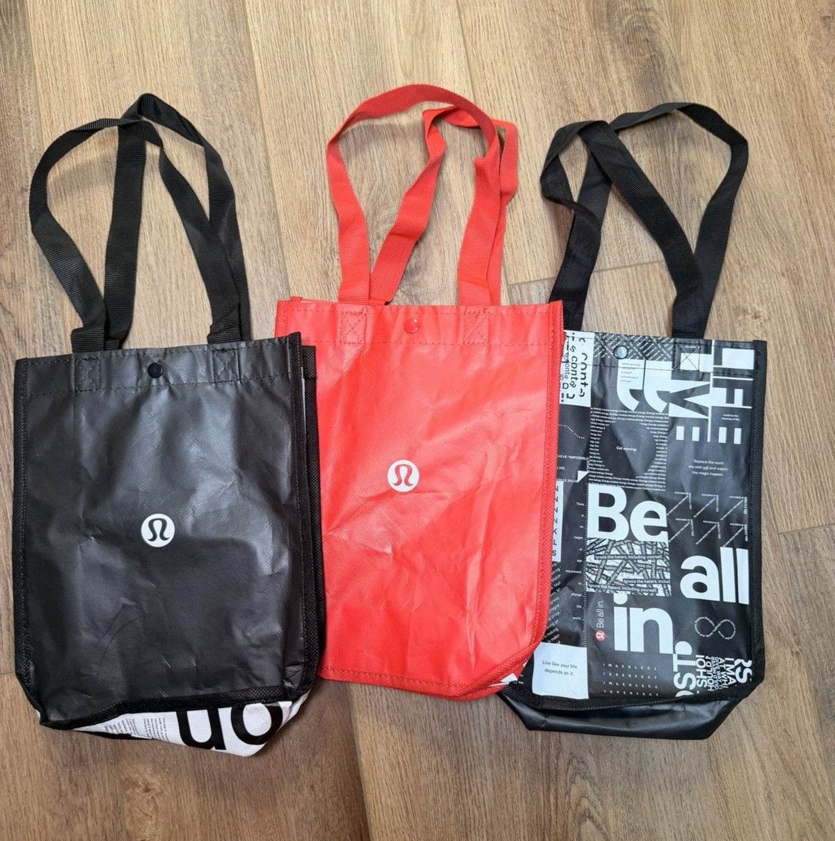Lululemon Foldable Reusable Shopping Bags Set of 3 Black Red Multicolor Plastic