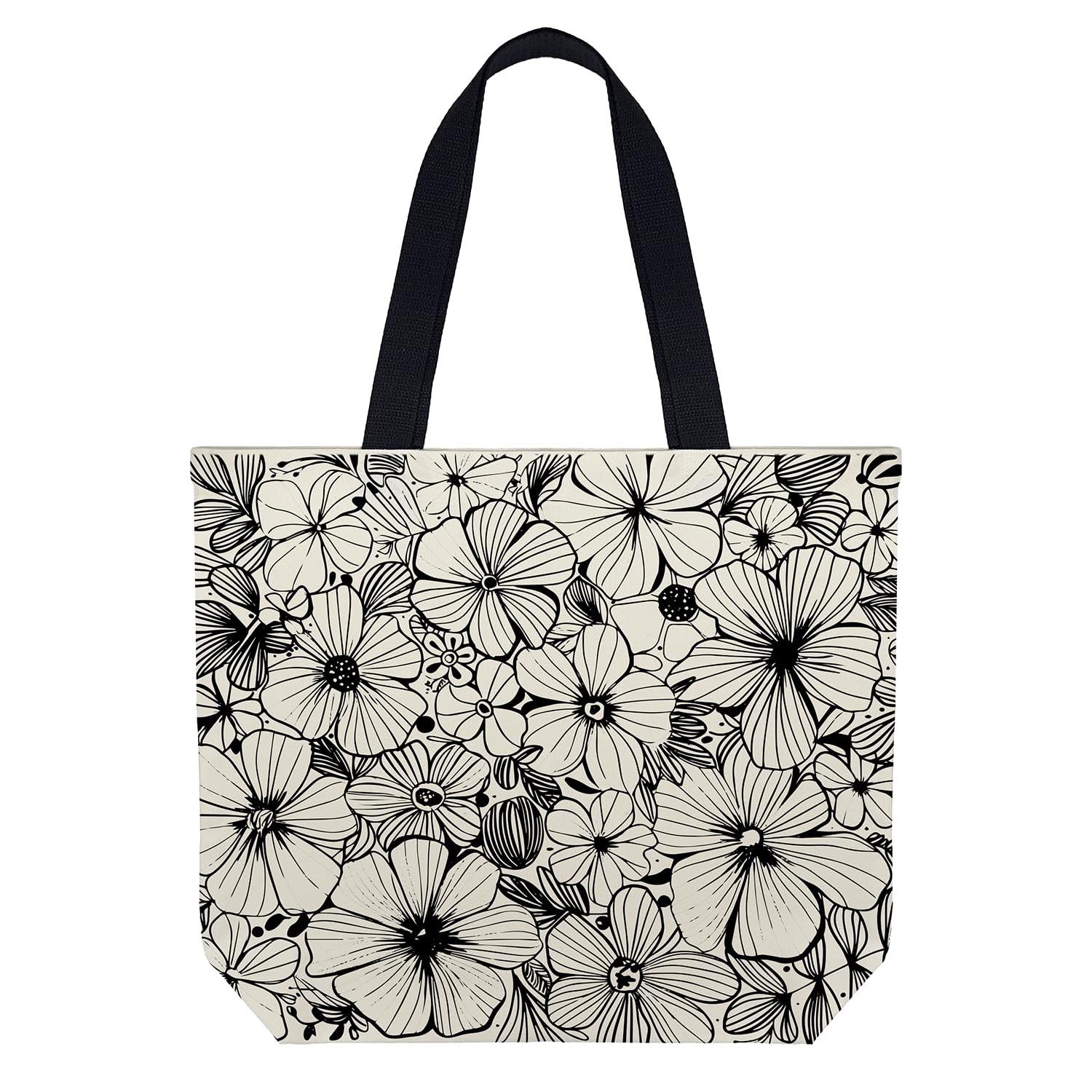 fahombag Large Canvas Tote Bag with Floral Line Art – 18 Inch Reusable Shoppi…
