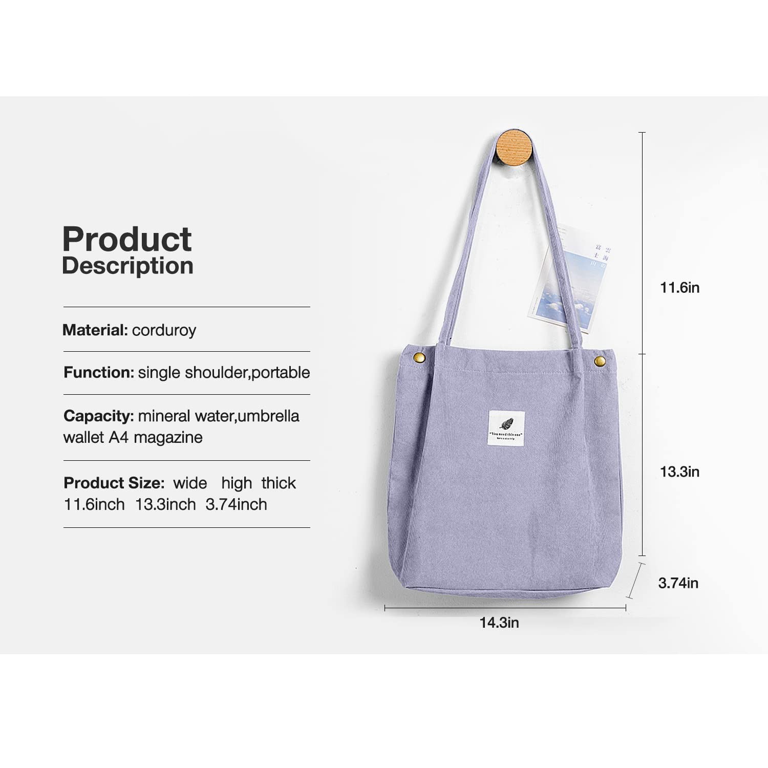Tote Bags Grocery Shoulder Bag Corduroy with Inner Pocket for Work Beach Lunc…