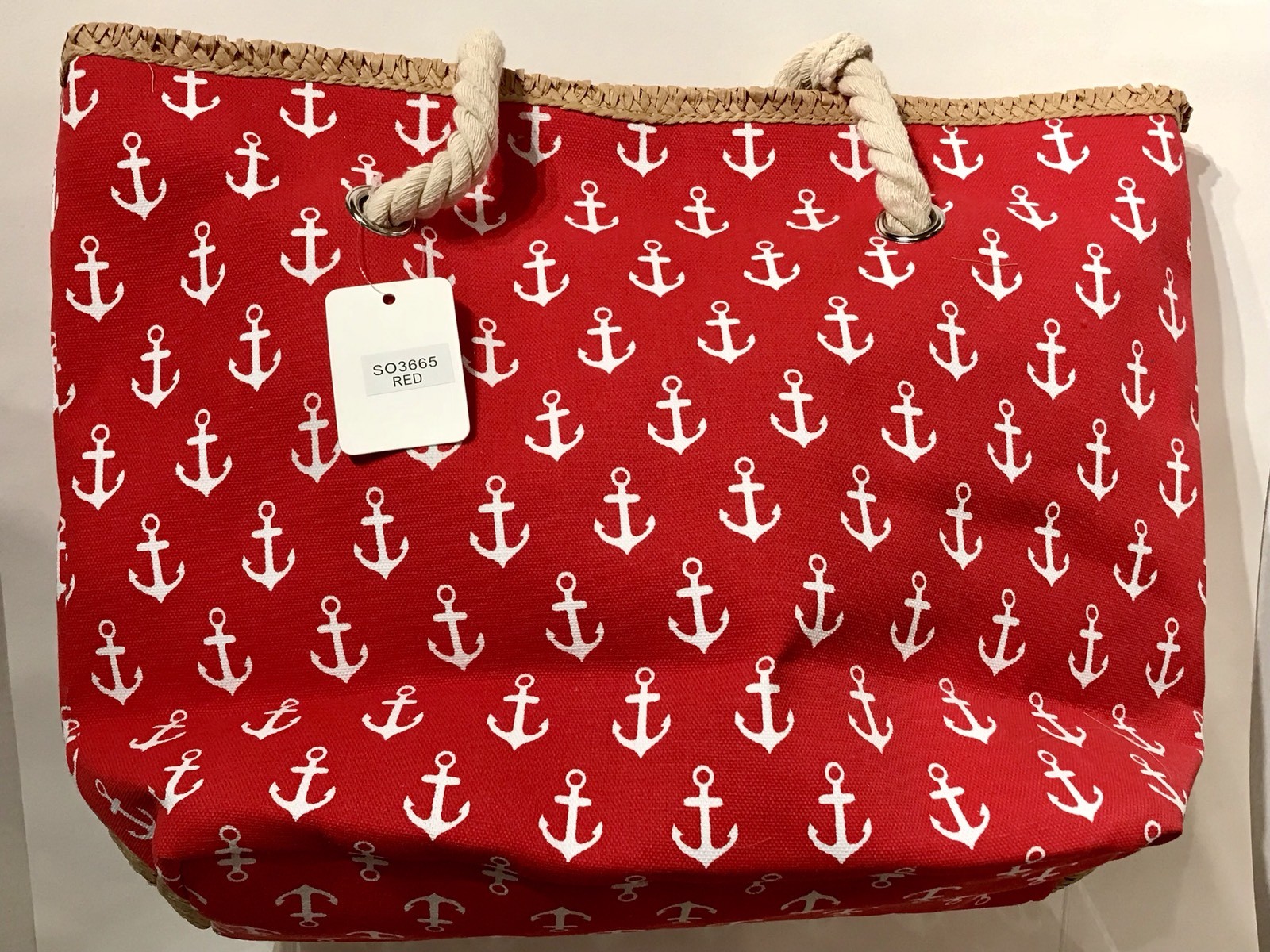 Beach Bag/Tote & Wristlet Nautical Anchor Print Canvas Red Rope Handle Straw NWT