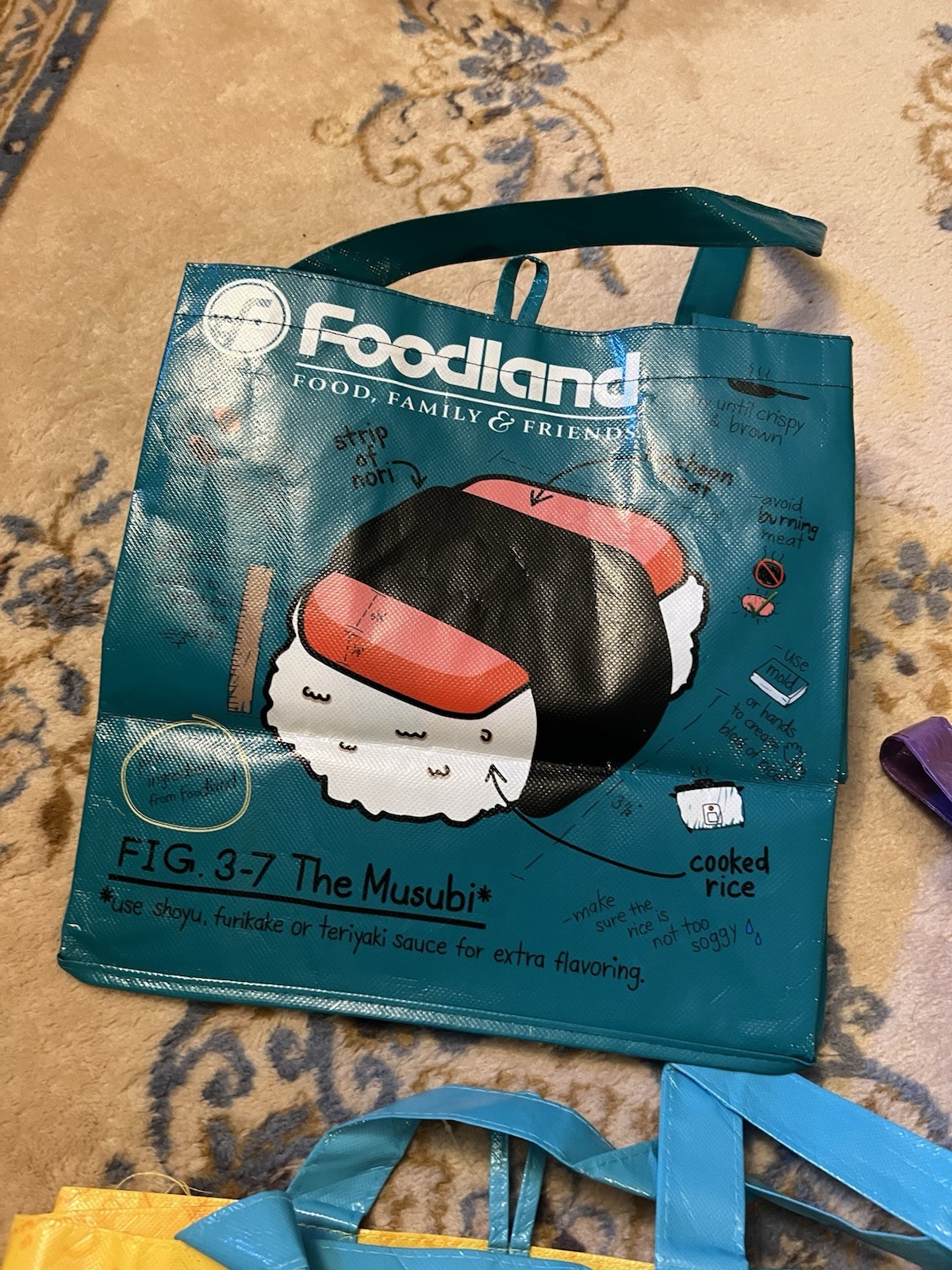 Foodland Hawaii Set Of 3 Reusable Tote Bags ~ Spam Musubi Pho Noodles Pun Poke