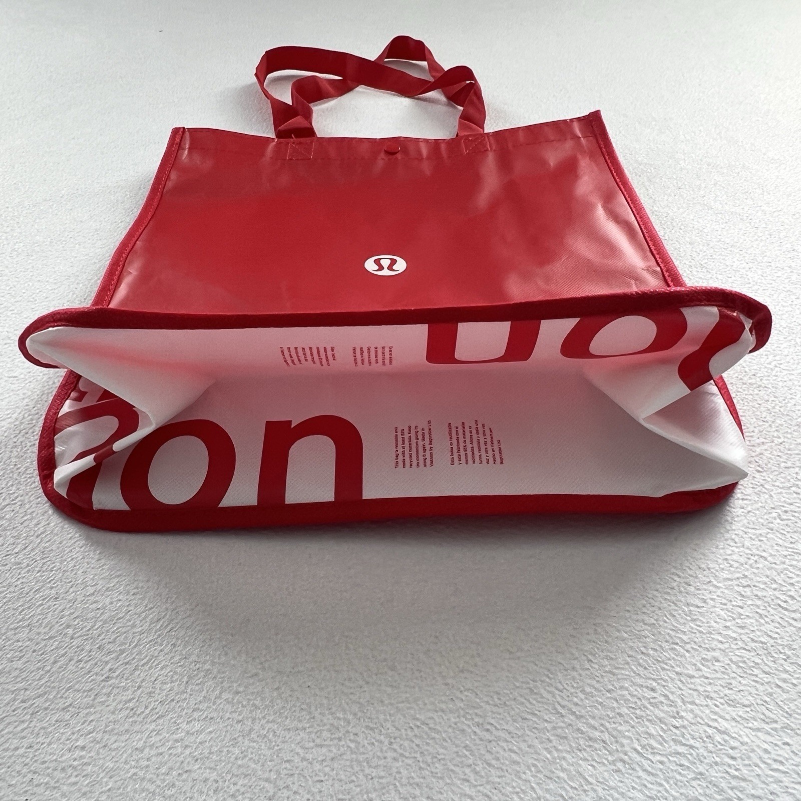 Lululemon Red White Logo Large Eco Reusable Snap Tote Bag Gym Shopping Gift
