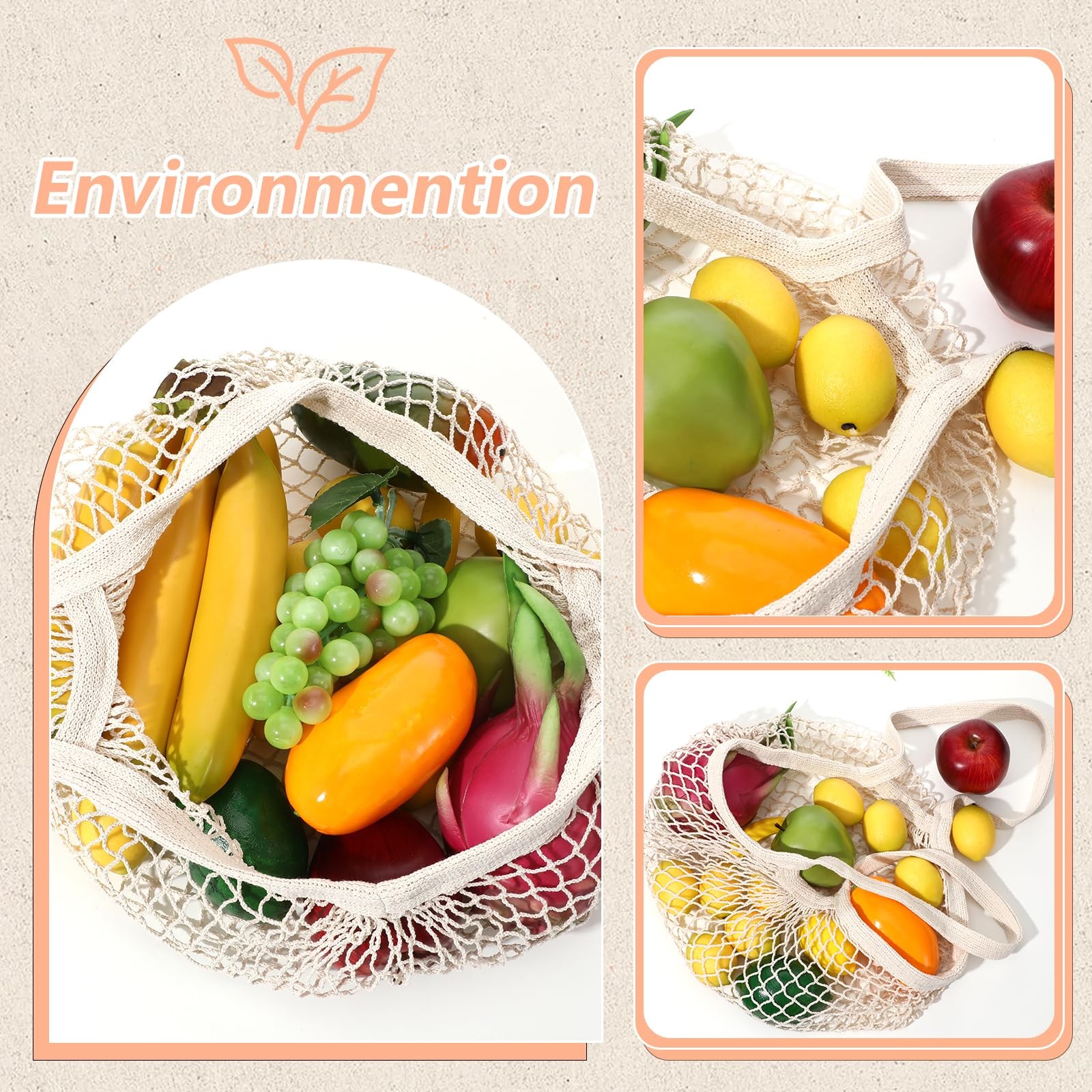 2 Pack Reusable Cotton Mesh Farmers Market Bag, Grocery 35 x 35 cm, Beige